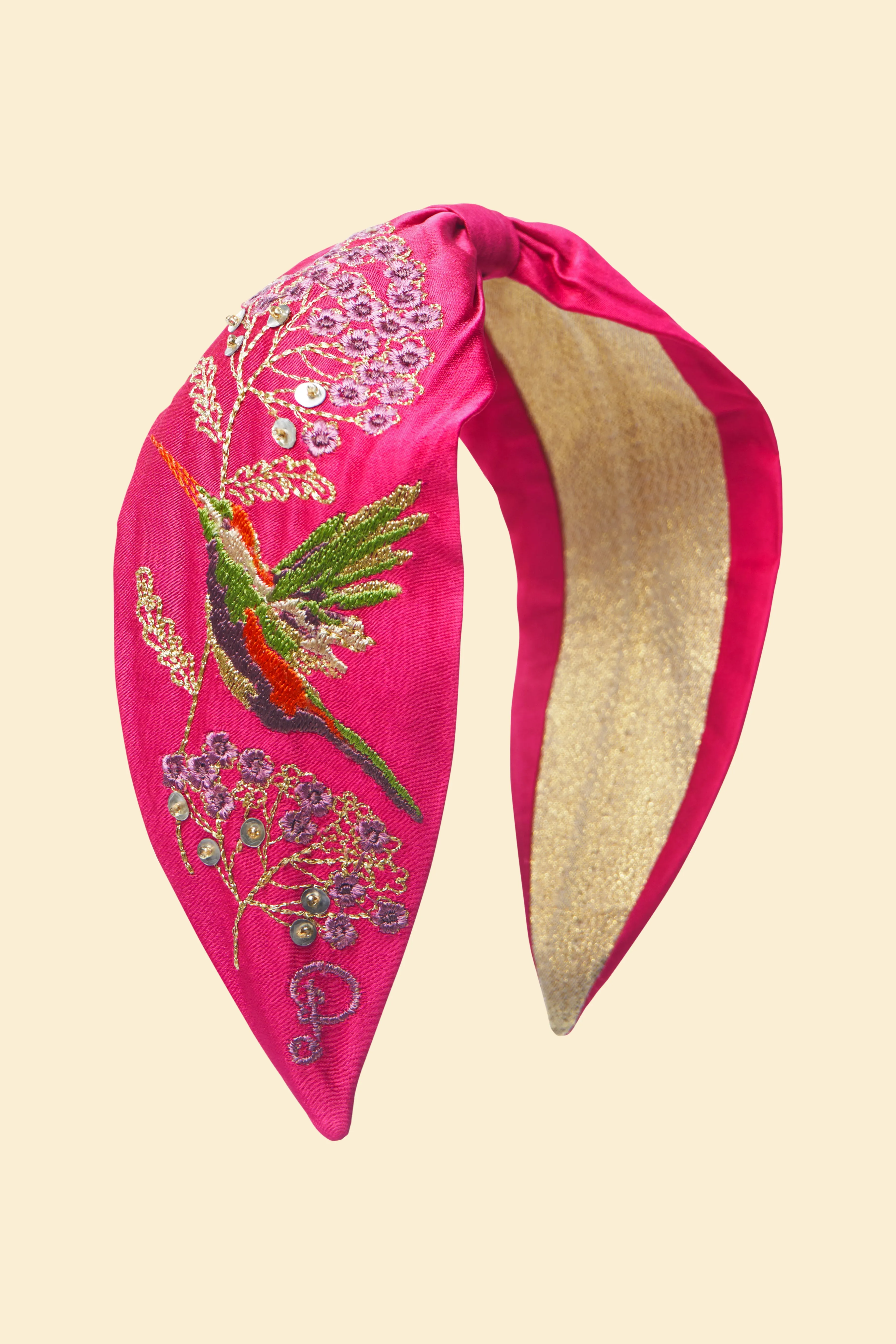 Hummingbird in Raspberry Satin Embroidered Headband