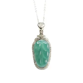 Icy Blue Green Leaf Jade Pendant with Zircon Necklace in Sterling Silver