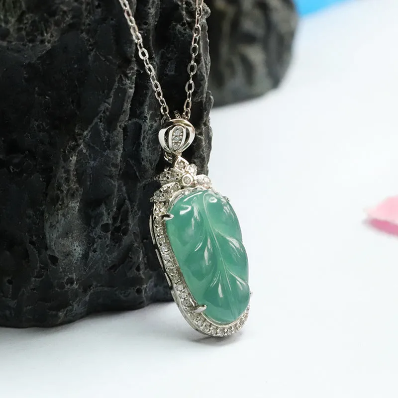 Icy Blue Green Leaf Jade Pendant with Zircon Necklace in Sterling Silver