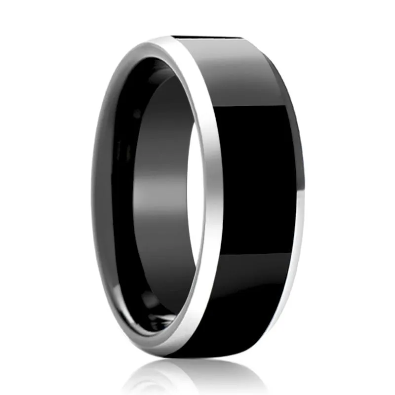 INFERNO | Black Tungsten Ring, High Polished, Silver Beveled