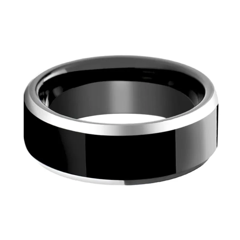 INFERNO | Black Tungsten Ring, High Polished, Silver Beveled