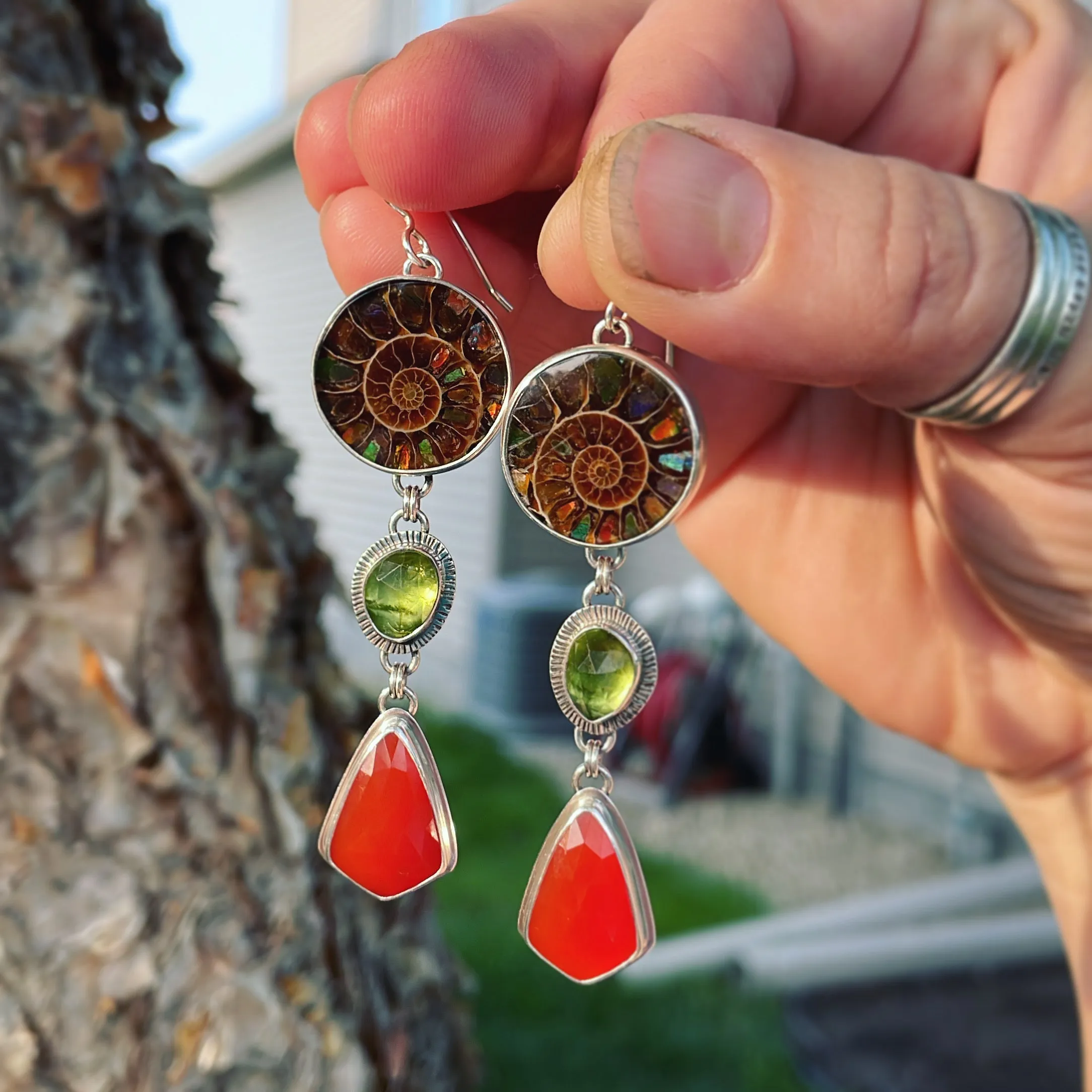 Inlay Ammonite, Peridot, Carnelian and Sterling Silver earrings