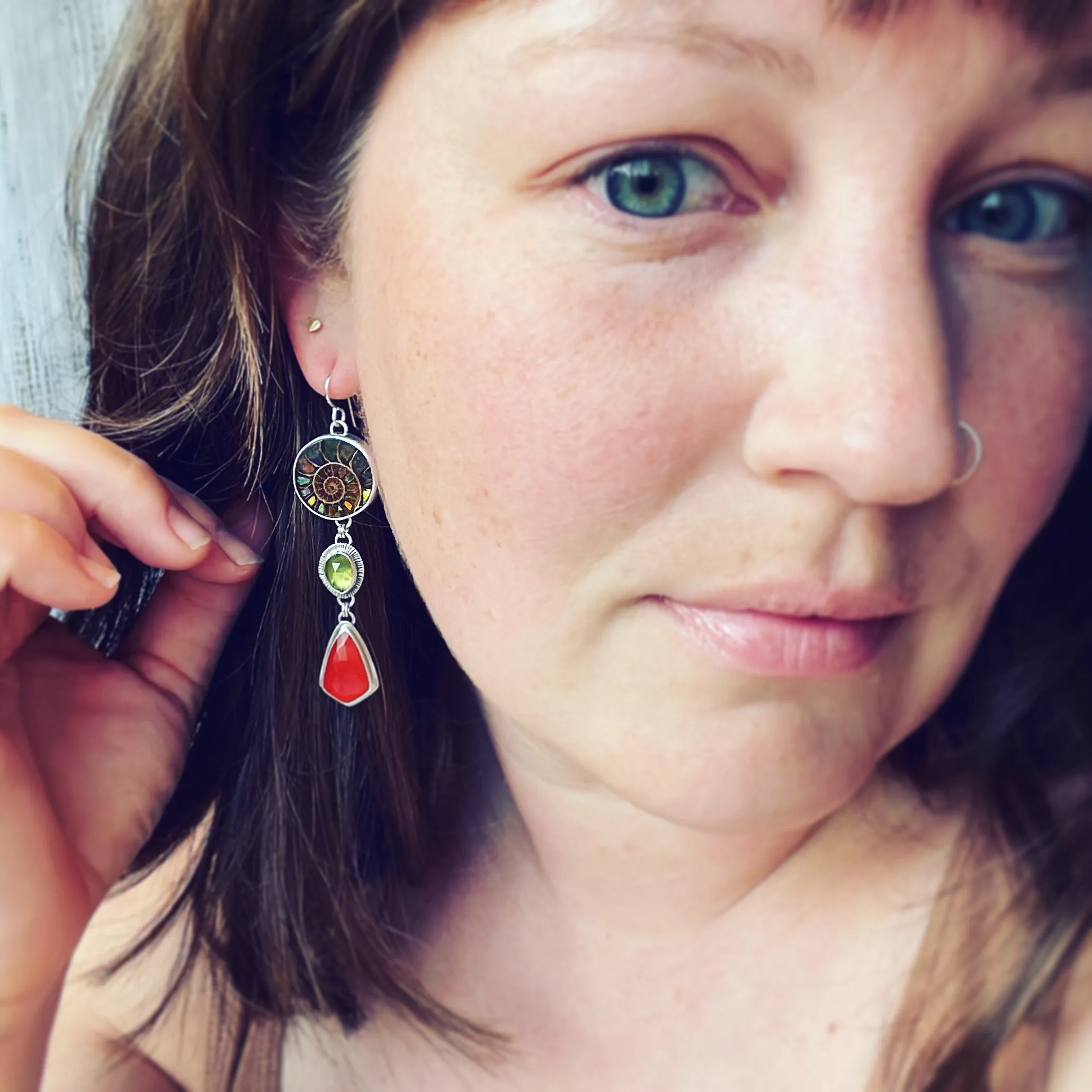 Inlay Ammonite, Peridot, Carnelian and Sterling Silver earrings