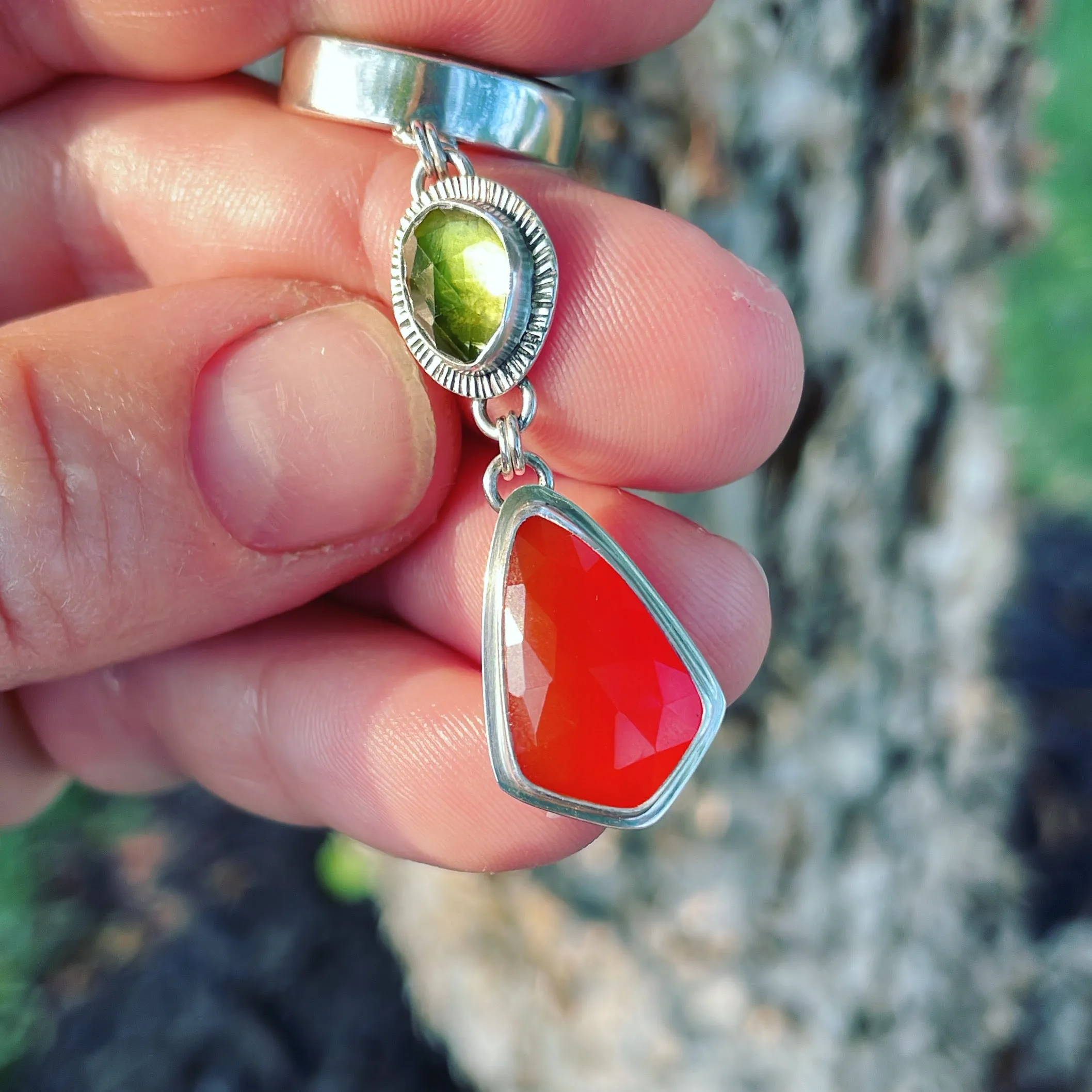 Inlay Ammonite, Peridot, Carnelian and Sterling Silver earrings