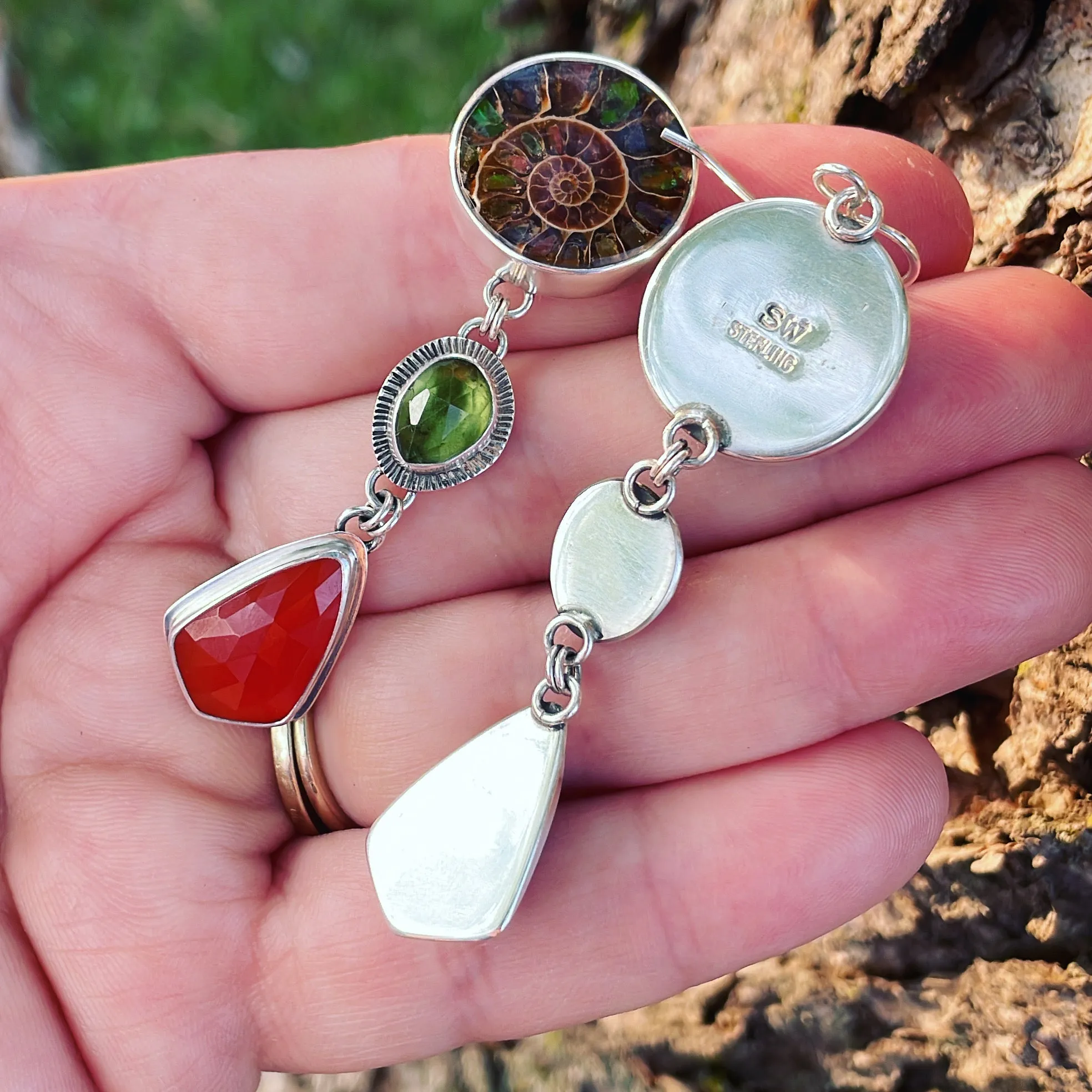 Inlay Ammonite, Peridot, Carnelian and Sterling Silver earrings