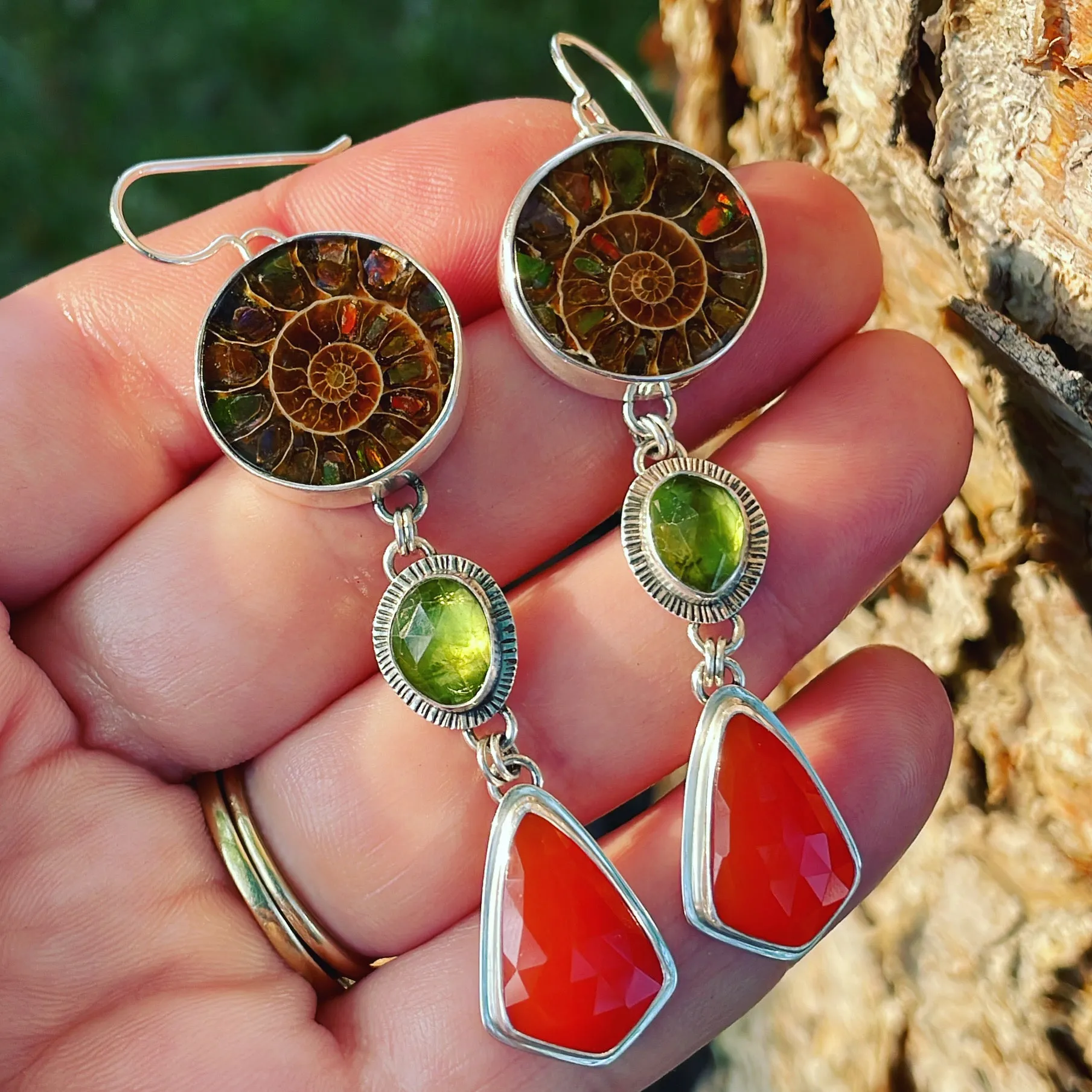 Inlay Ammonite, Peridot, Carnelian and Sterling Silver earrings