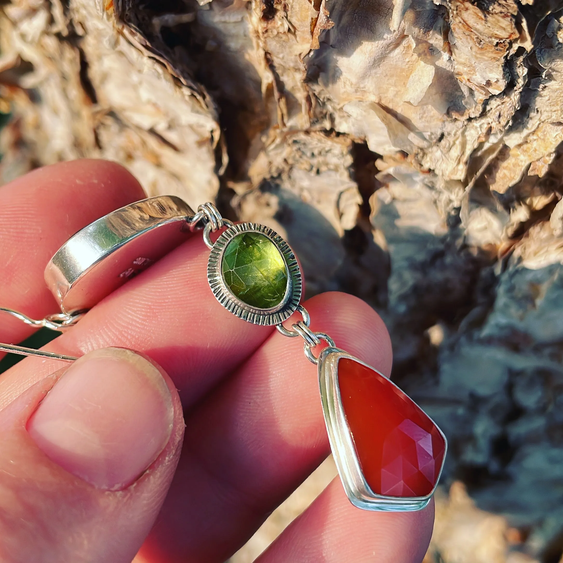 Inlay Ammonite, Peridot, Carnelian and Sterling Silver earrings