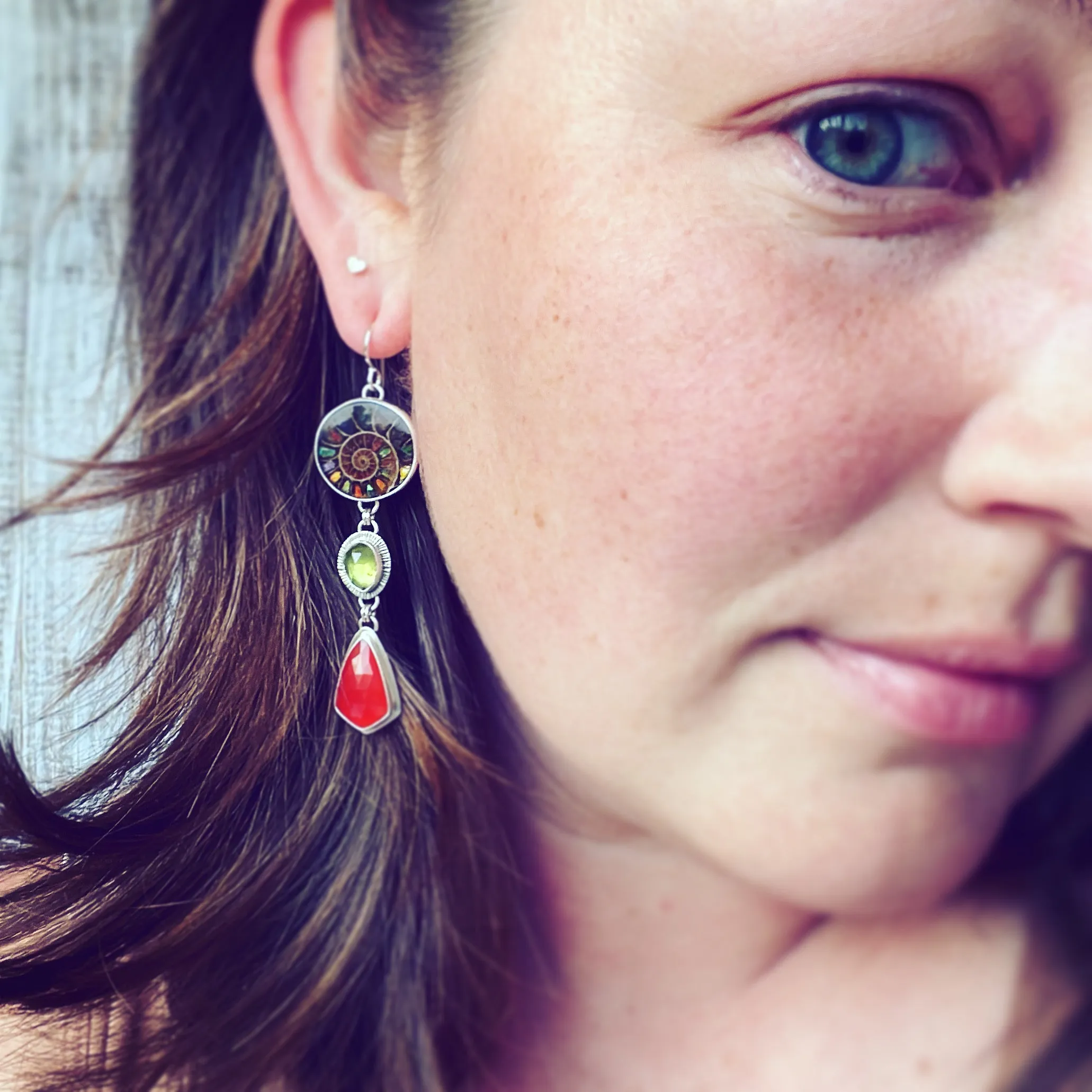 Inlay Ammonite, Peridot, Carnelian and Sterling Silver earrings