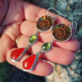 Inlay Ammonite, Peridot, Carnelian and Sterling Silver earrings