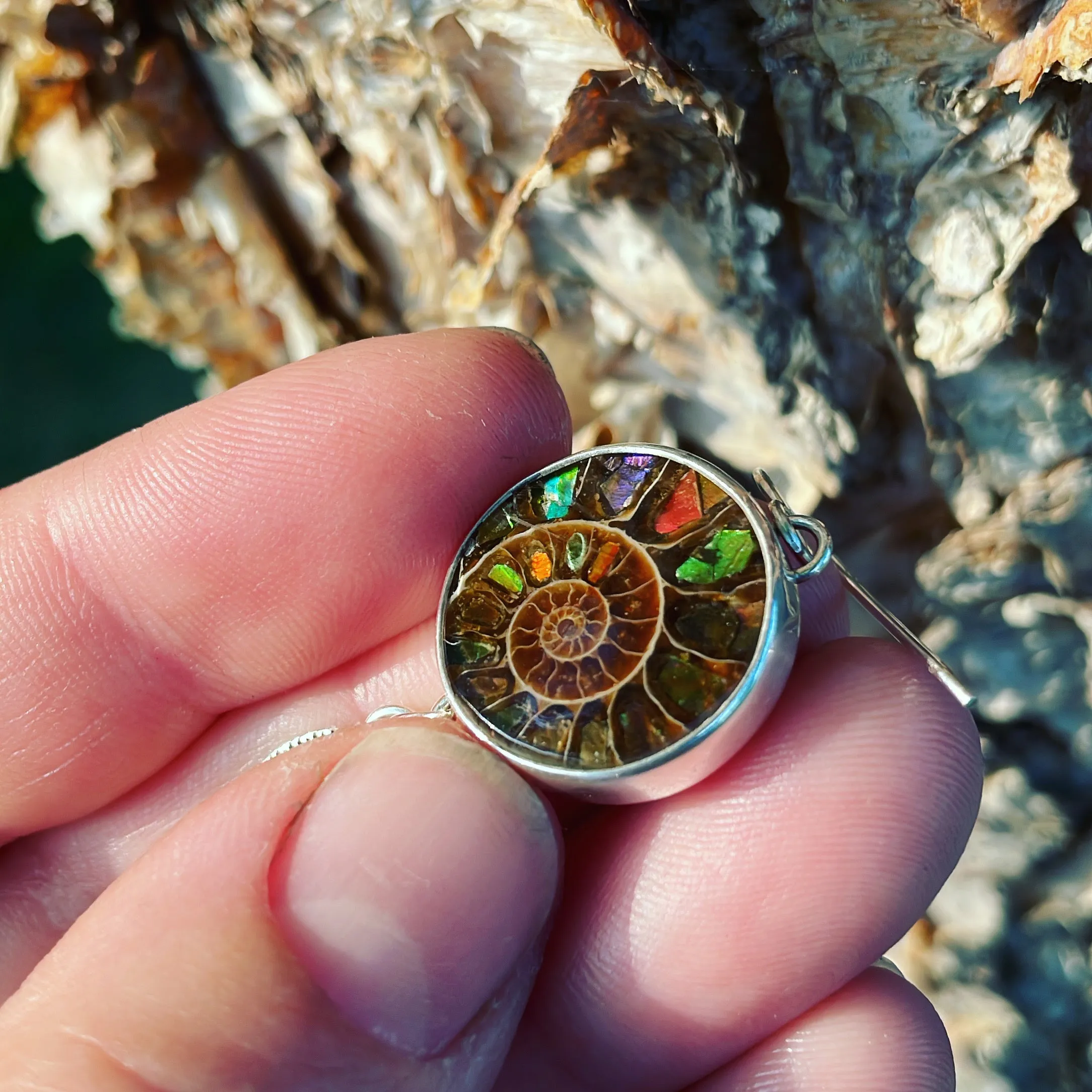 Inlay Ammonite, Peridot, Carnelian and Sterling Silver earrings