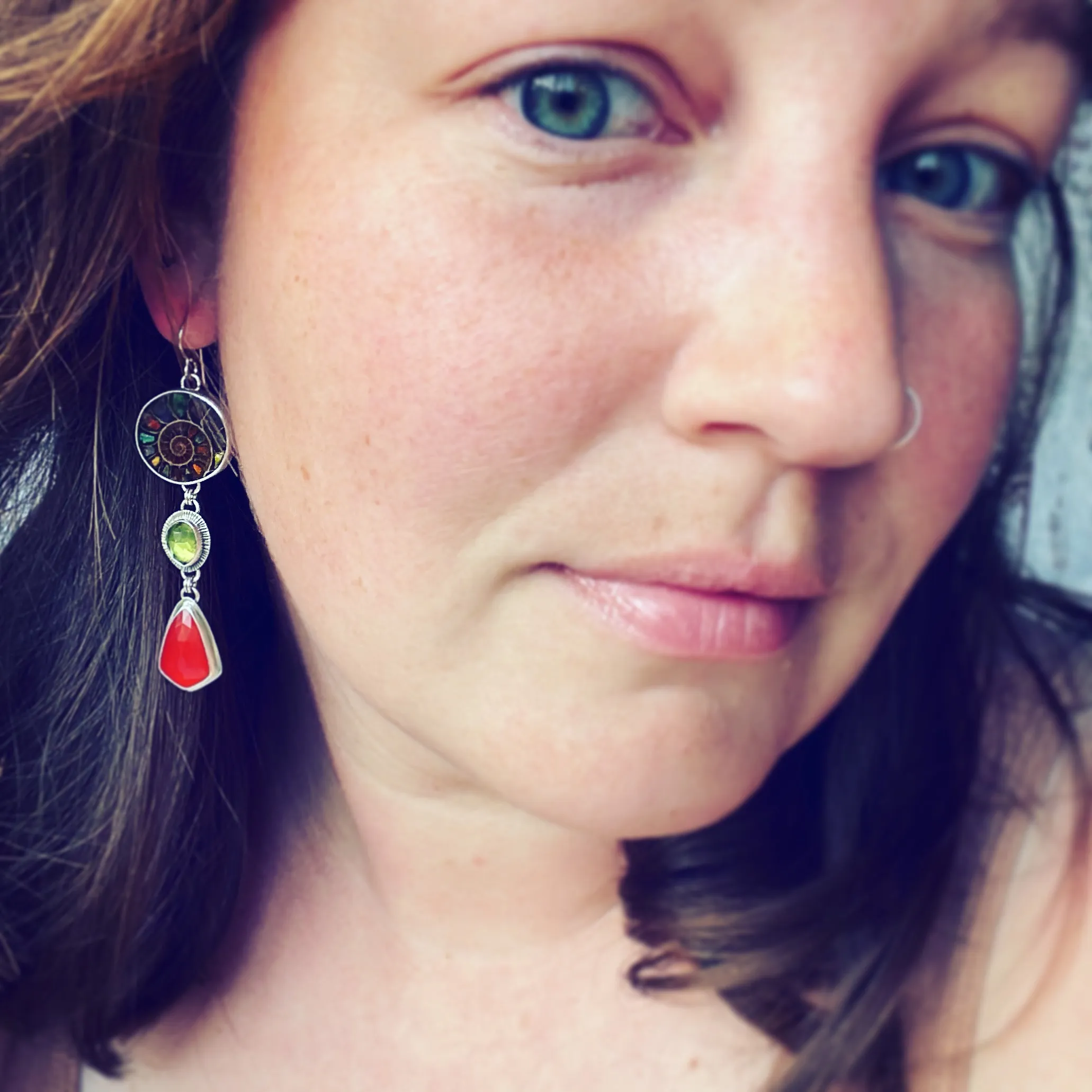 Inlay Ammonite, Peridot, Carnelian and Sterling Silver earrings