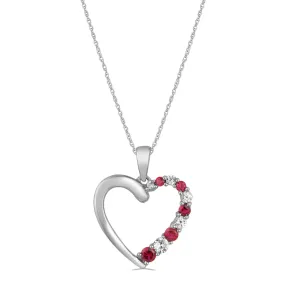 Jewelili 10K White Gold with Created Ruby and Created White Sapphire Heart Pendant Necklace