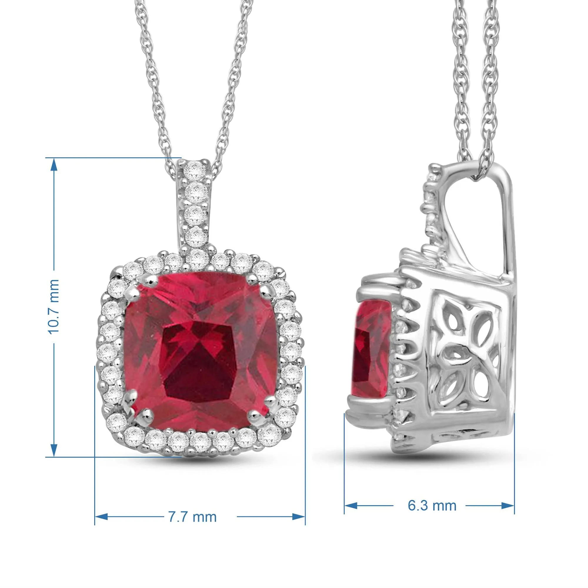 Jewelili 10K White Gold with Created Ruby and Diamonds Accent Halo Pendant Necklace