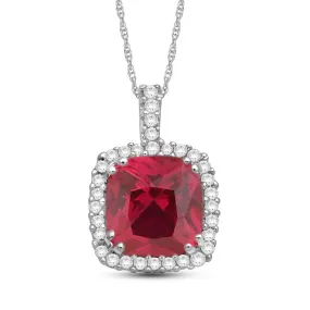 Jewelili 10K White Gold with Created Ruby and Diamonds Accent Halo Pendant Necklace