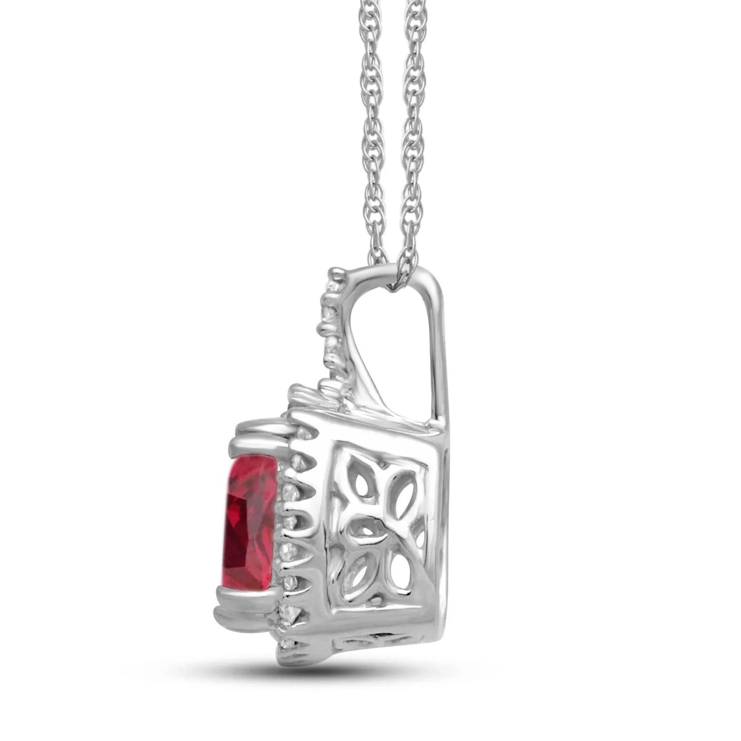 Jewelili 10K White Gold with Created Ruby and Diamonds Accent Halo Pendant Necklace