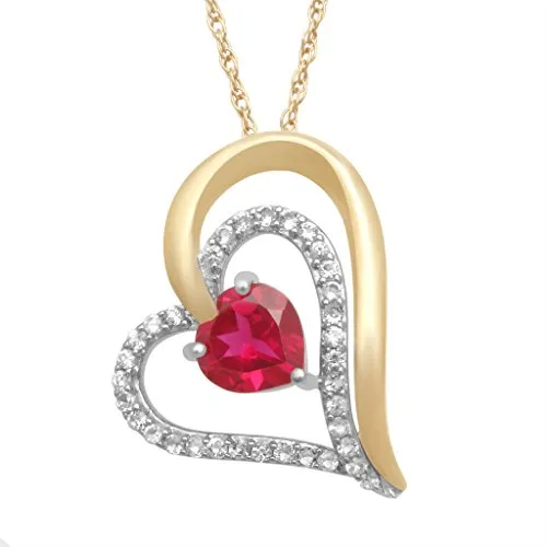 Jewelili 18K Yellow Gold Over Sterling Silver With Heart Shape Created Ruby and Round Created White Sapphire Two-Tone Heart Pendant Necklace