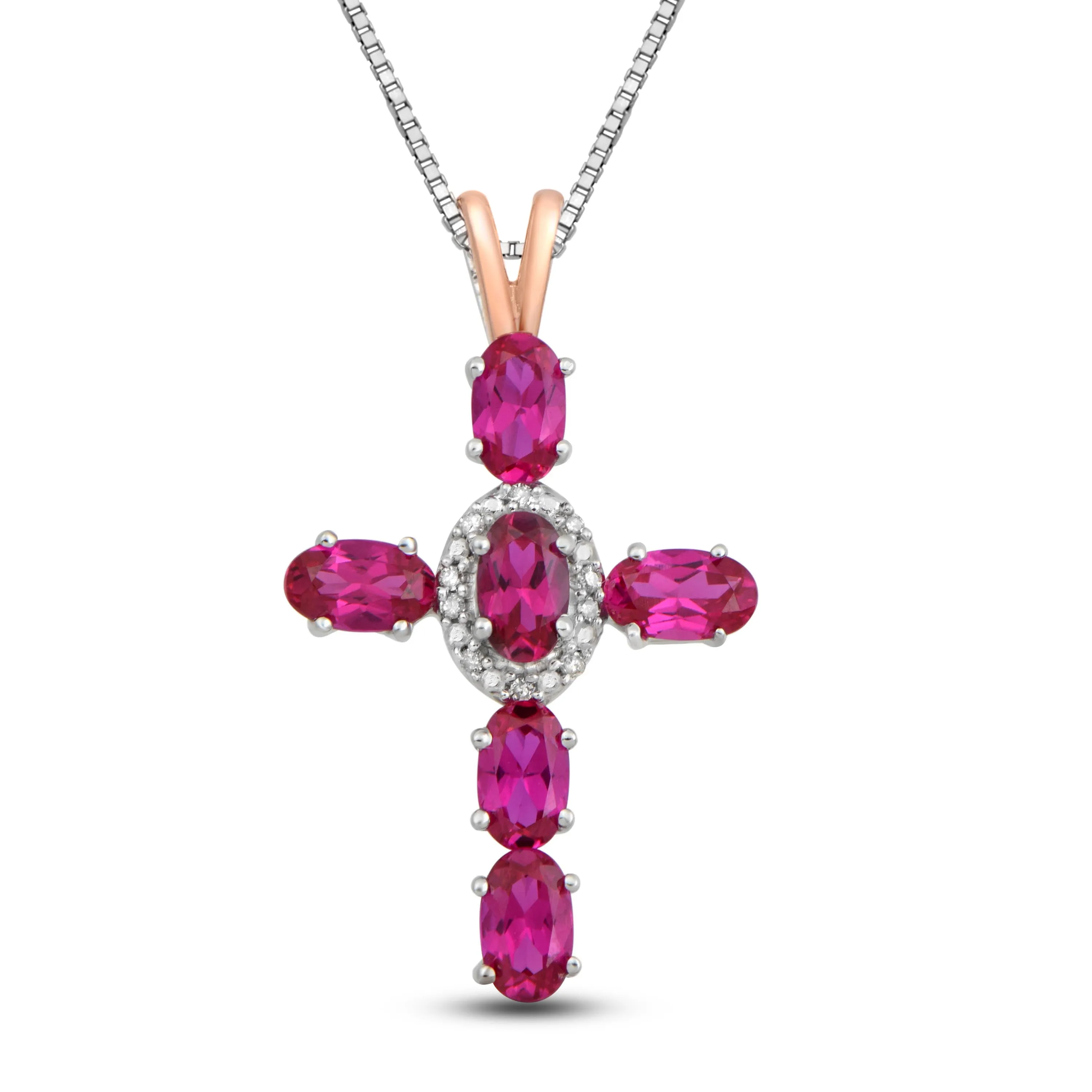 Jewelili Rose Gold Over Sterling Silver With Created Ruby and Natural White Diamonds Cross Pendant Necklace