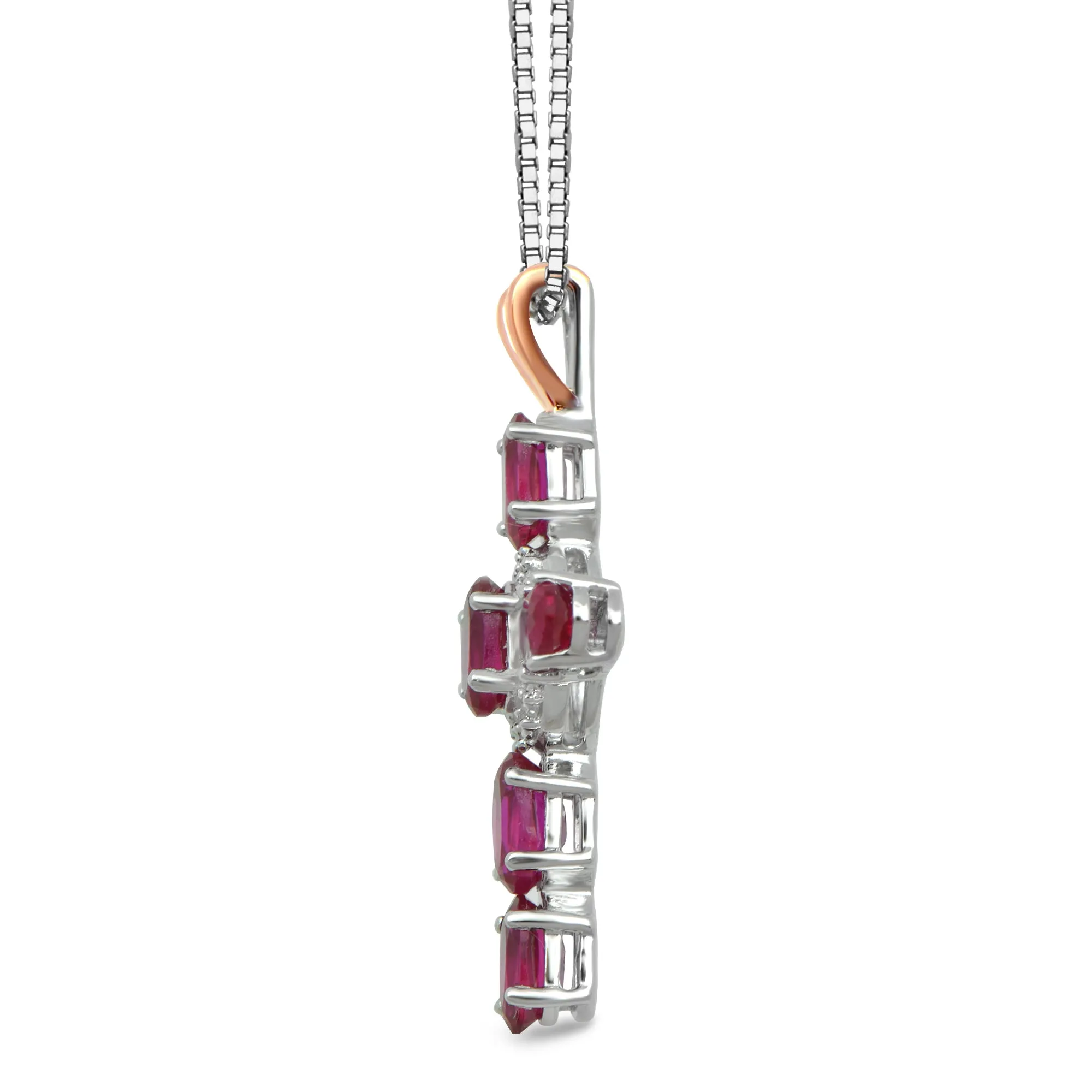 Jewelili Rose Gold Over Sterling Silver With Created Ruby and Natural White Diamonds Cross Pendant Necklace