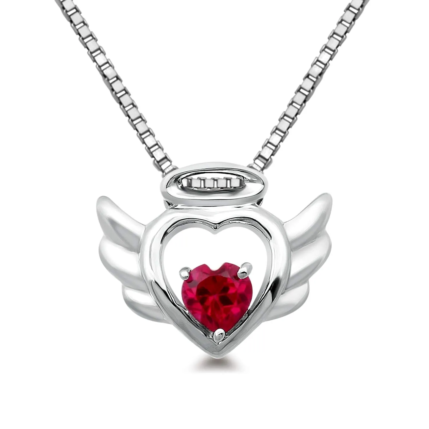 Jewelili Sterling Silver with Created Ruby Angel Heart Wings Pendant Necklace