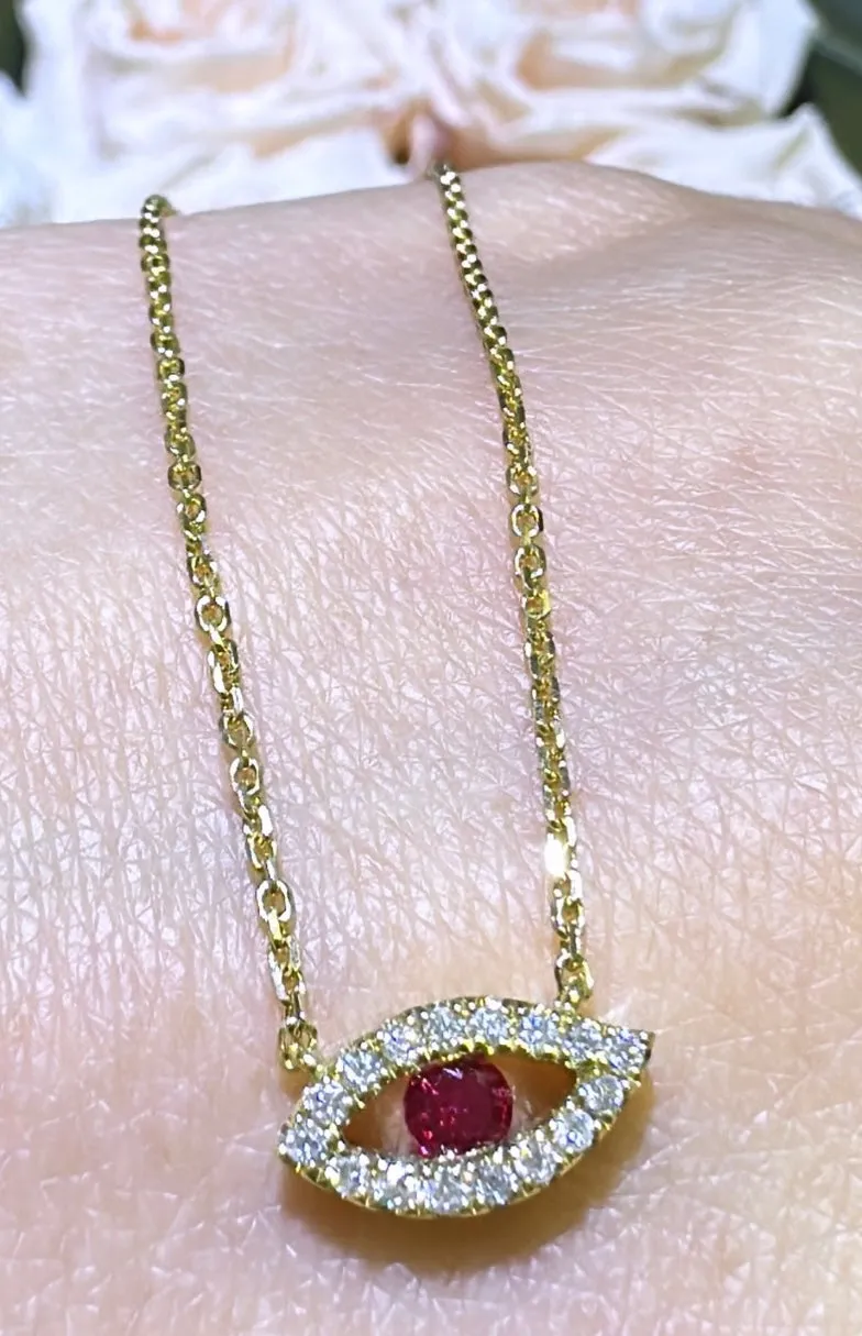 Ladies Diamond Evil Eye Necklace with Red Ruby