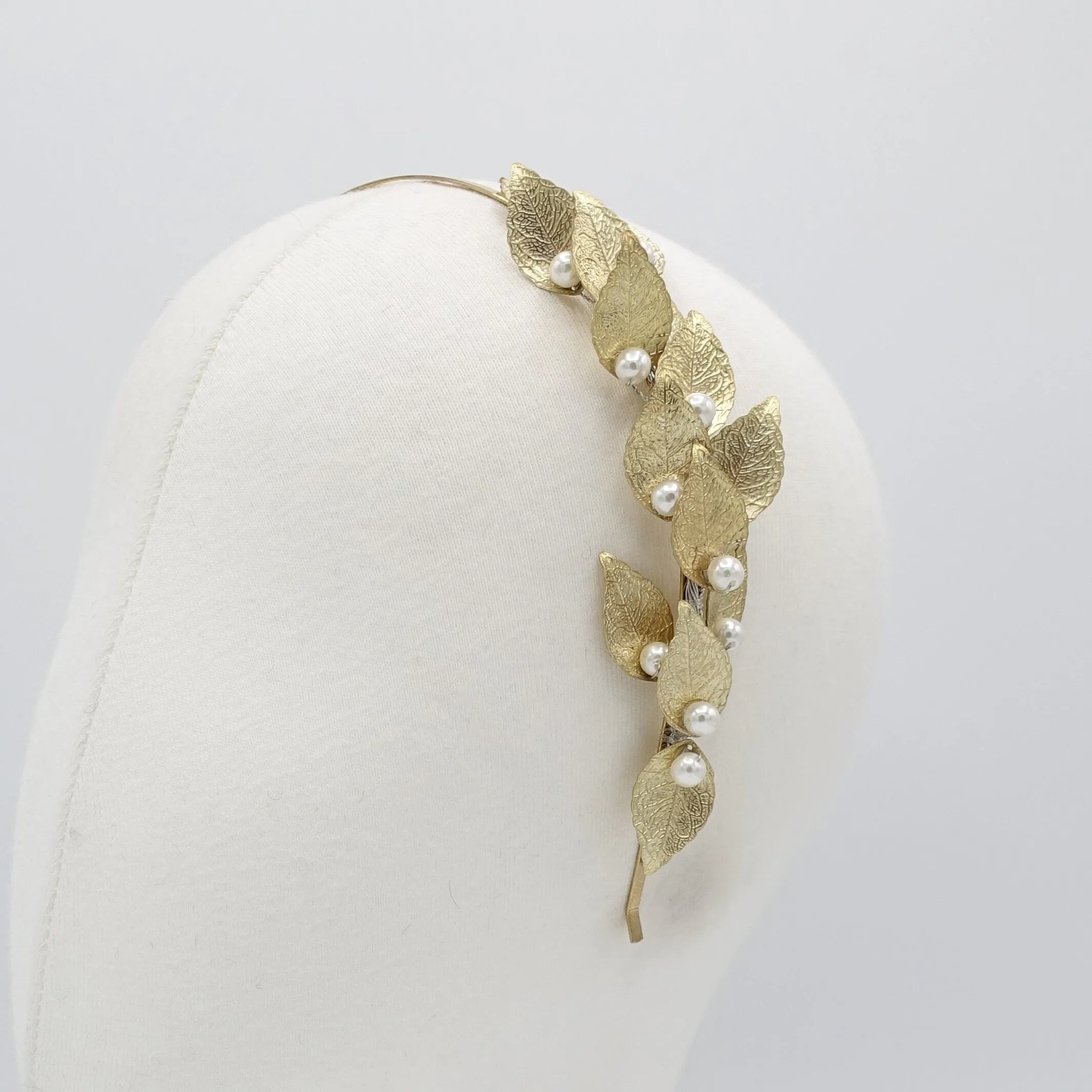 laurel leaves metal thin headband pearl hair accessory for women