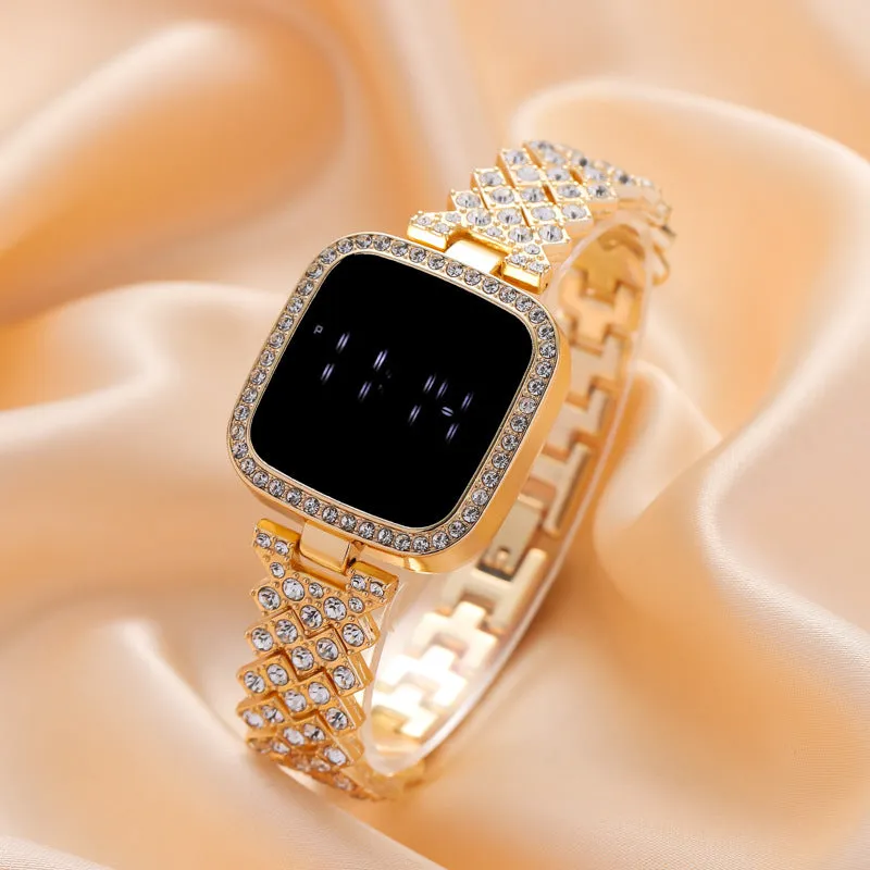 LED Touch Screen Watch Square Diamond Electronic Watch Light Luxury Watch Fashionable Simple Women's Watch