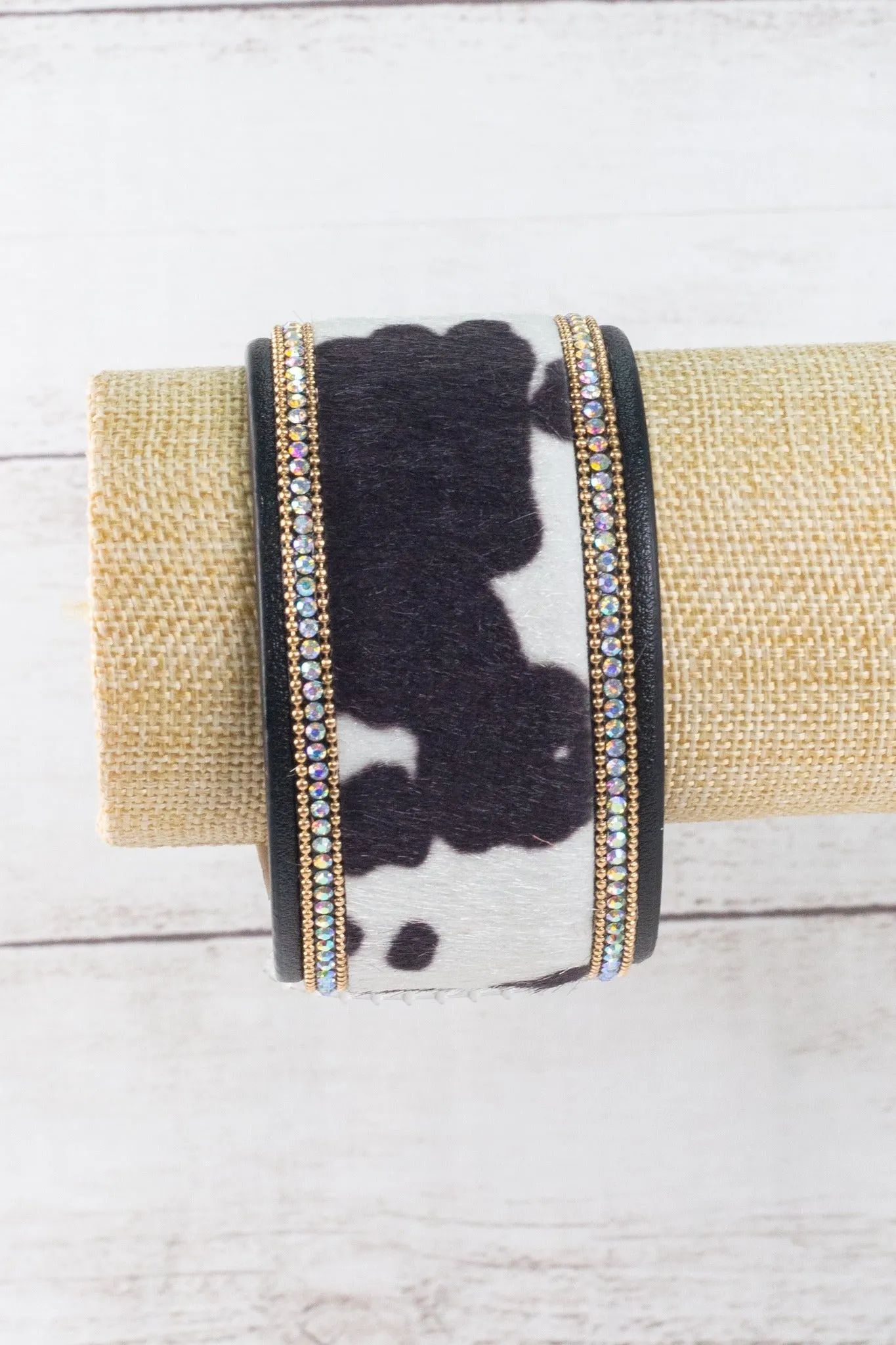 Let's Dance, Cowboy Black Cowhide Crystal Cuff Bracelet