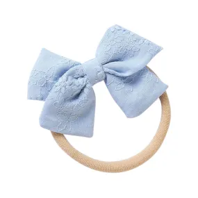 Little Embroidered Cotton Baby Bow — Sky