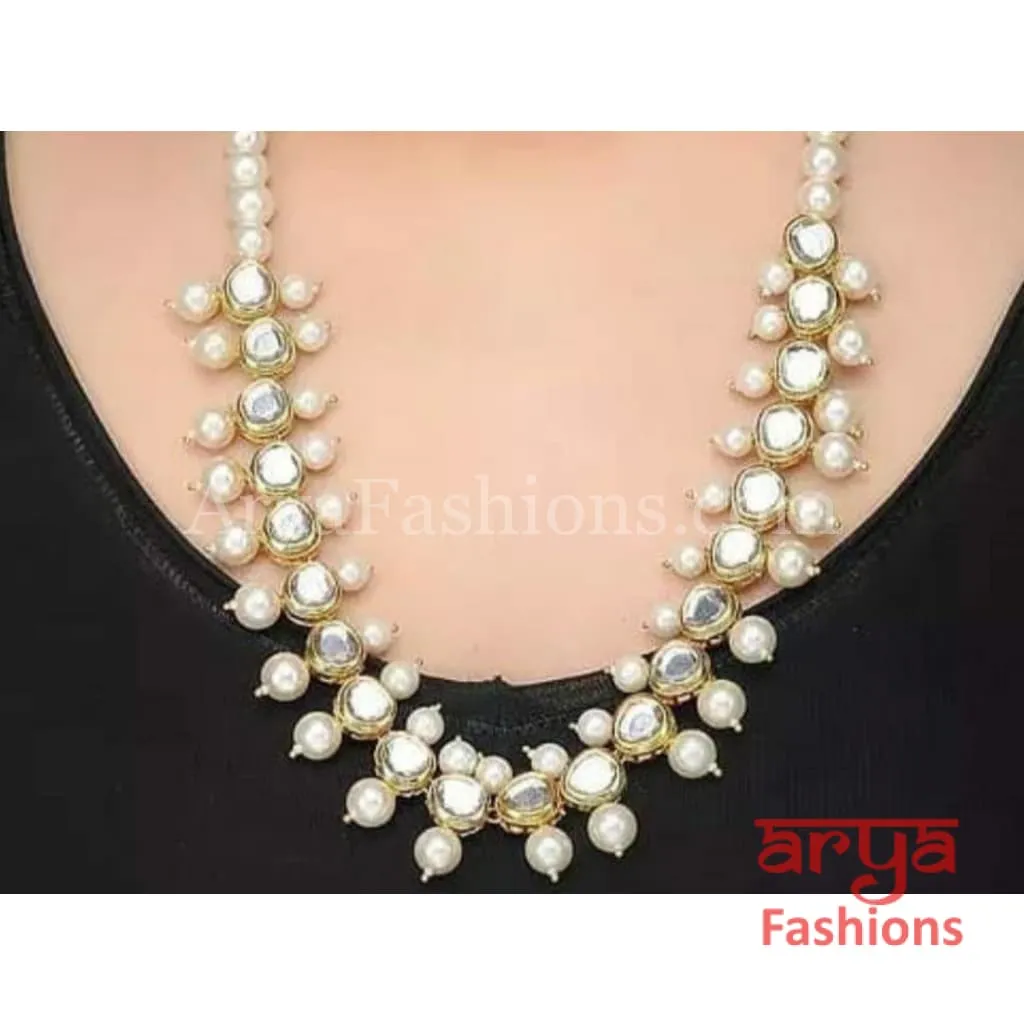 Long Kundan Necklace with Pearl Drops and Meenakari