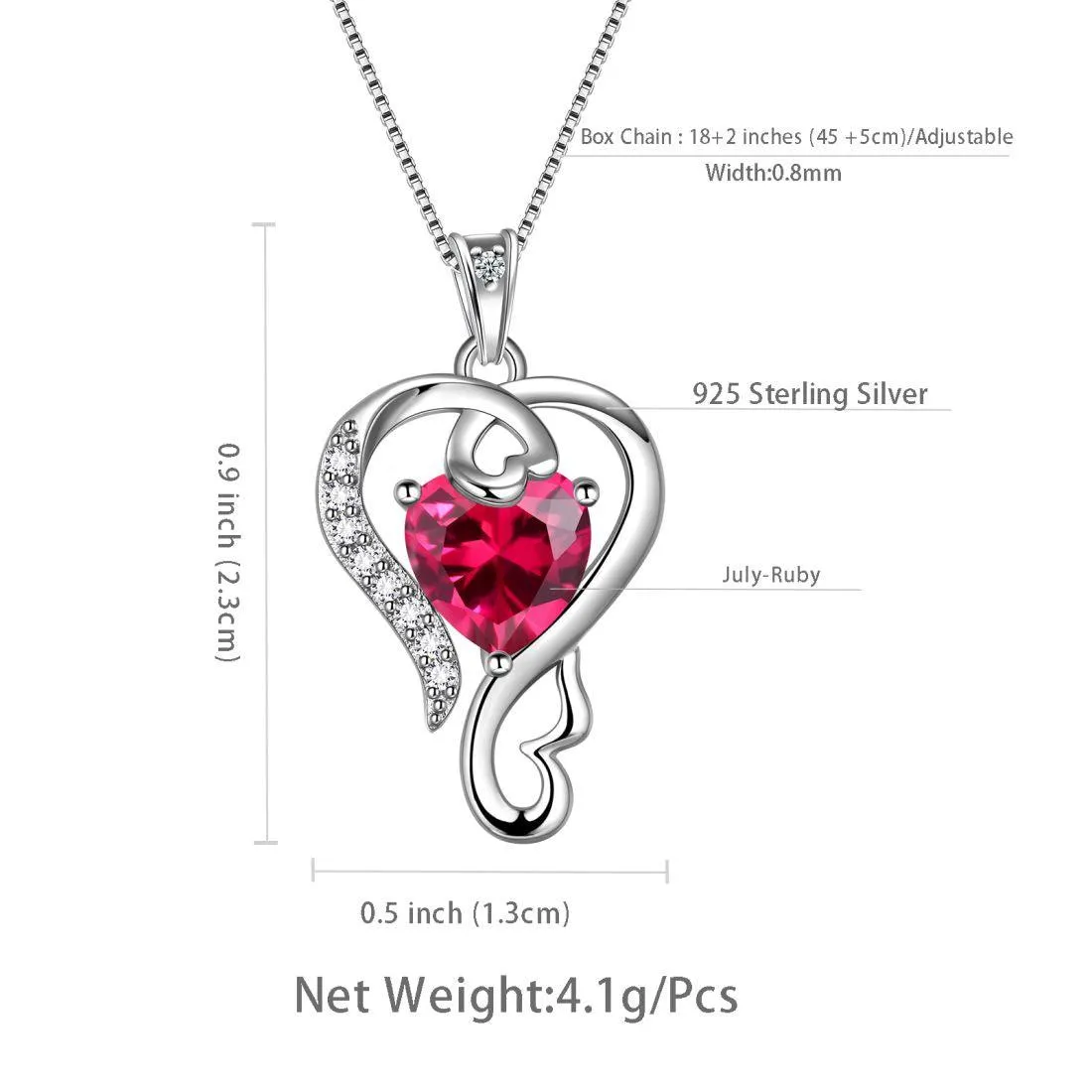 Love Heart Birthstone July Ruby Necklace Pendant Women Girls Jewelry Birthday Gift