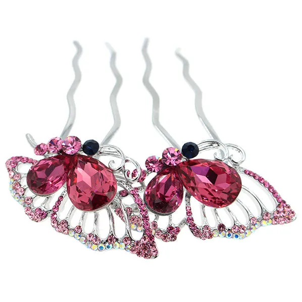 LUX Zircon & Czech Rhinestone Butterfly French Twist Updo Comb Pink