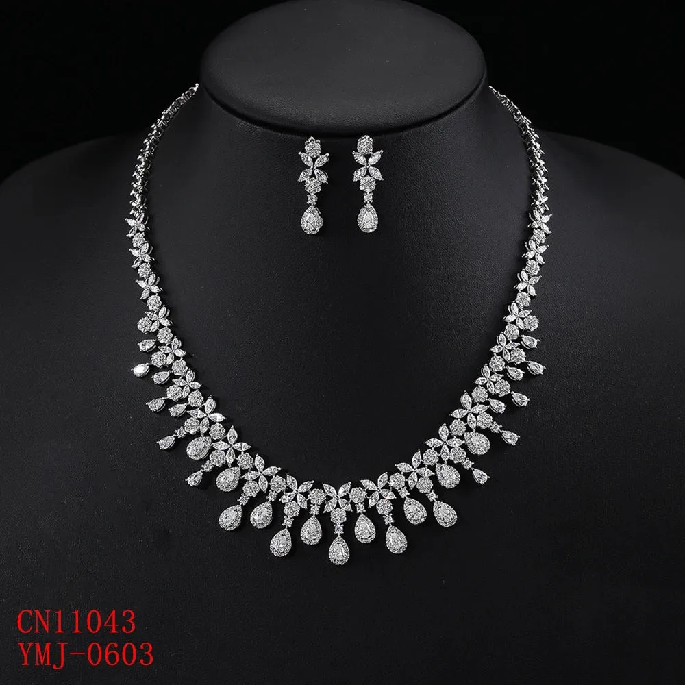 Luxury Cubic Zirconia Bridal Wedding Flower Necklace Earrings Jewelry Set Bridal Wedding Accessories CN11043