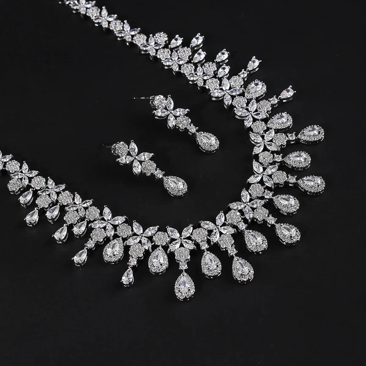 Luxury Cubic Zirconia Bridal Wedding Flower Necklace Earrings Jewelry Set Bridal Wedding Accessories CN11043