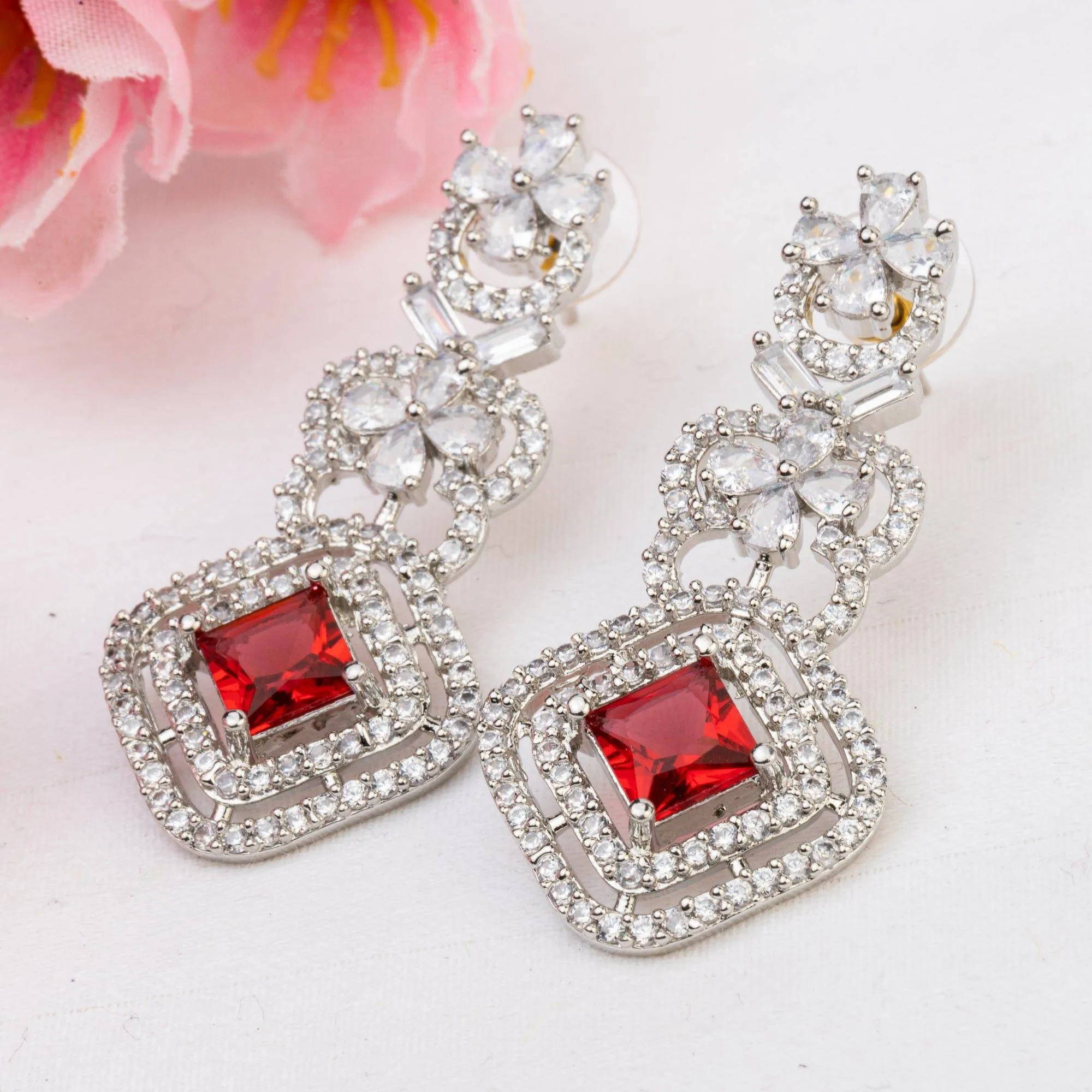 Mina - Silver Ruby American Diamond CZ Necklace set