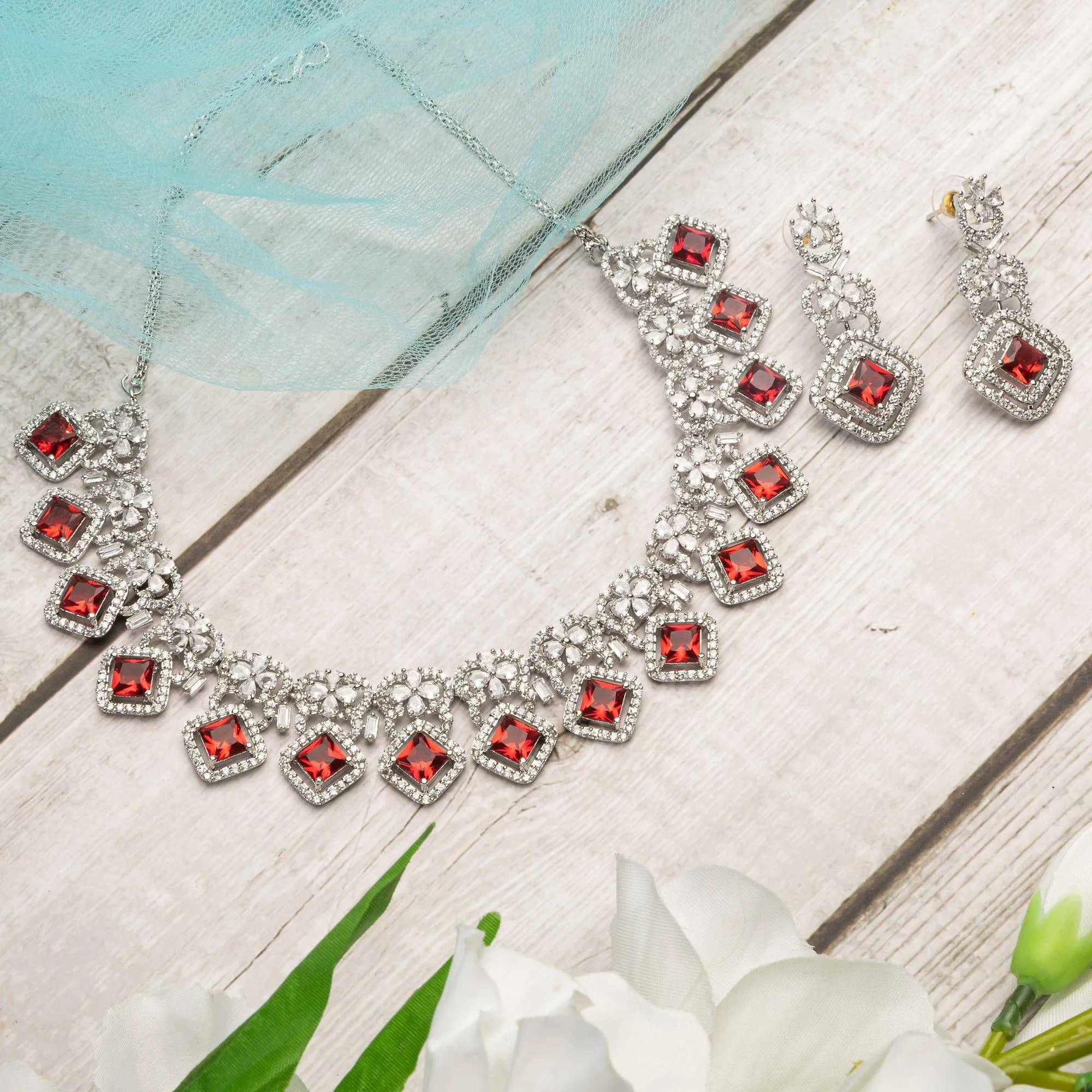 Mina - Silver Ruby American Diamond CZ Necklace set