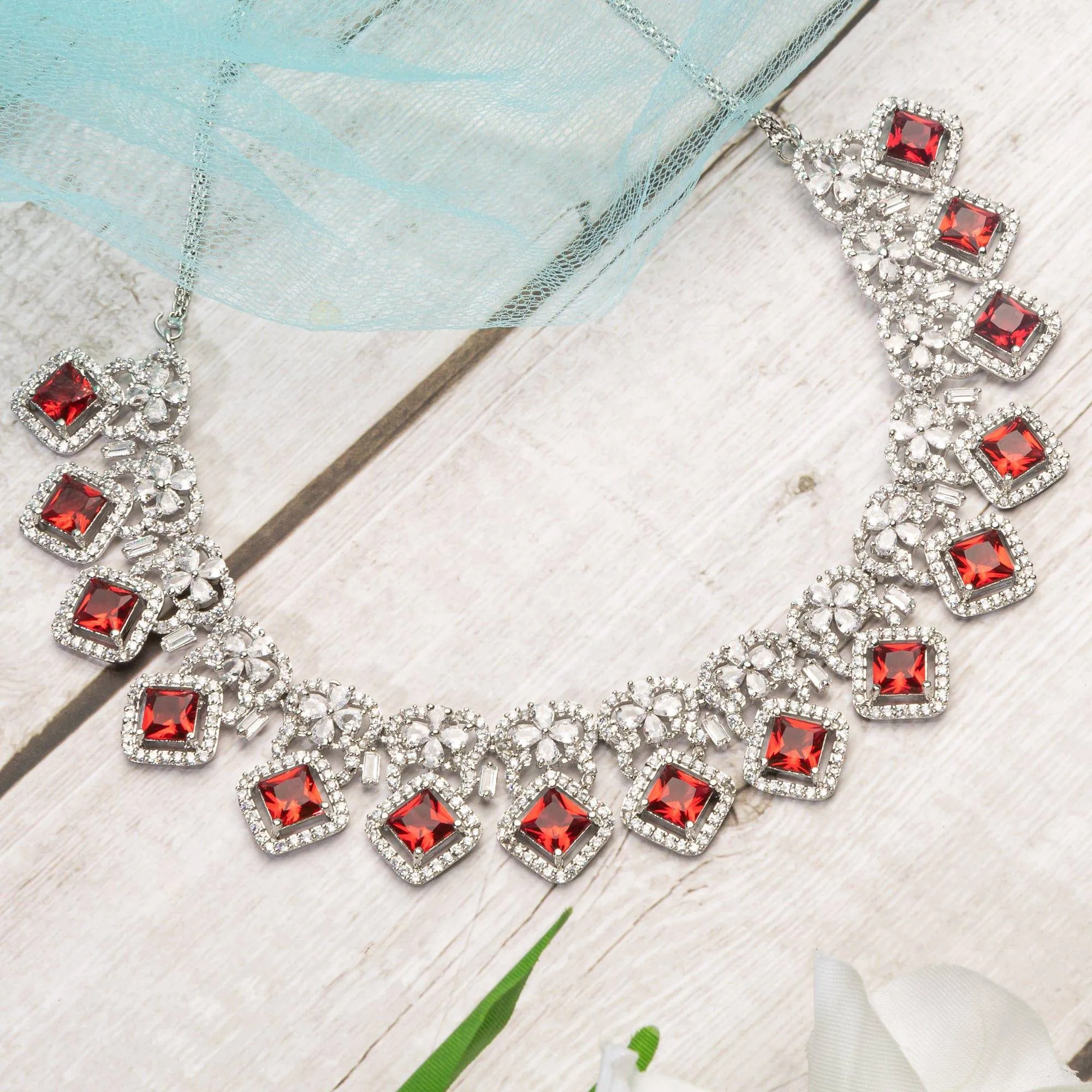 Mina - Silver Ruby American Diamond CZ Necklace set