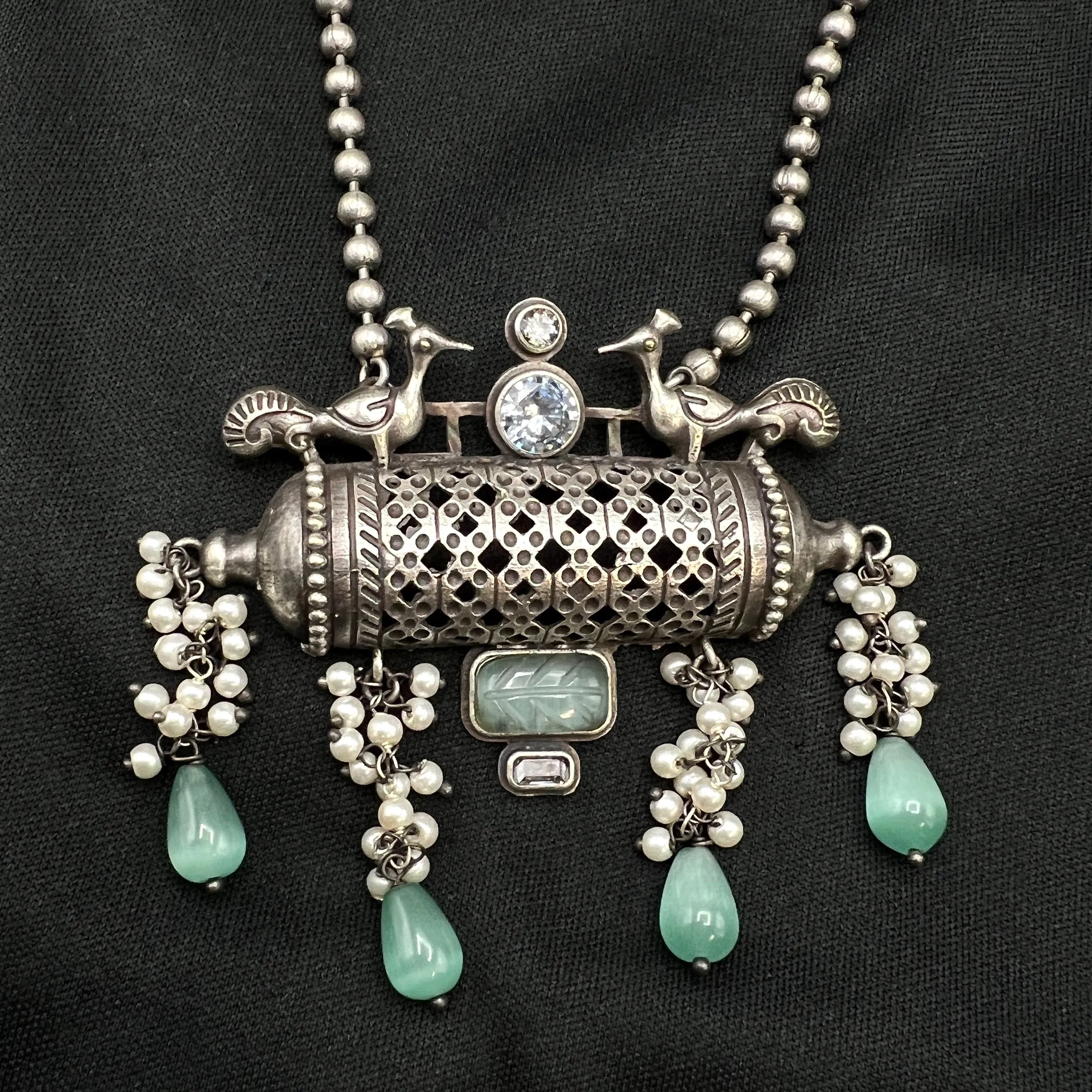 Mint Green German Silver Oxidized Mala Necklace Set