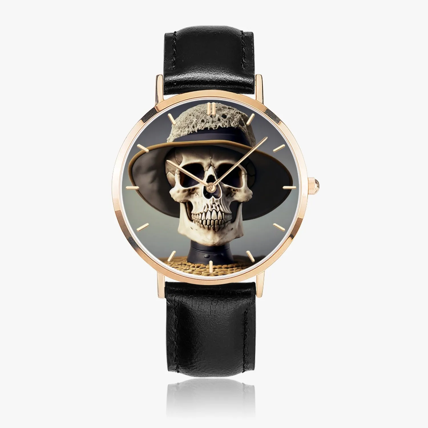 Montre à quartz avec bracelet en cuir ultra-fin (or rose avec indicateurs) "Crâne à chapeau" (164)