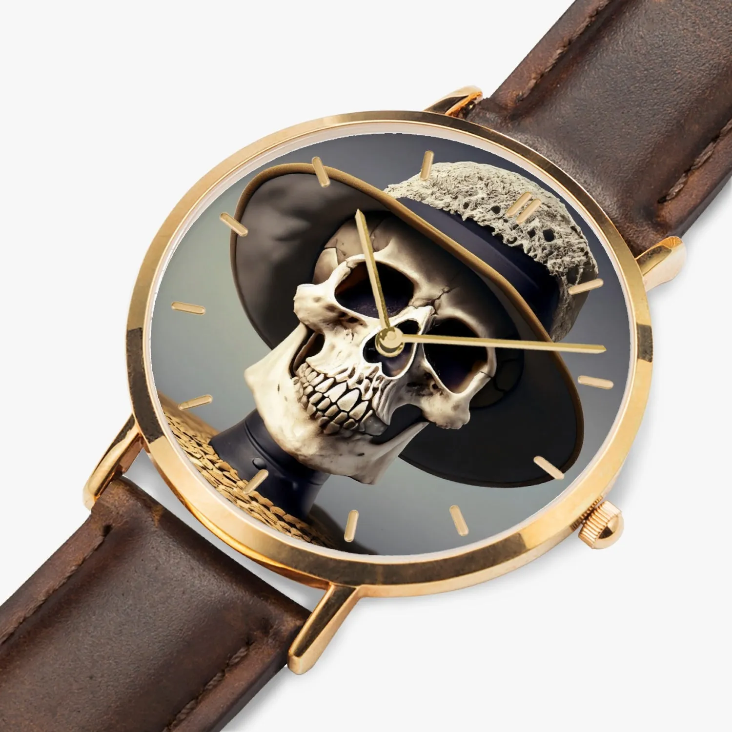 Montre à quartz avec bracelet en cuir ultra-fin (or rose avec indicateurs) "Crâne à chapeau" (164)