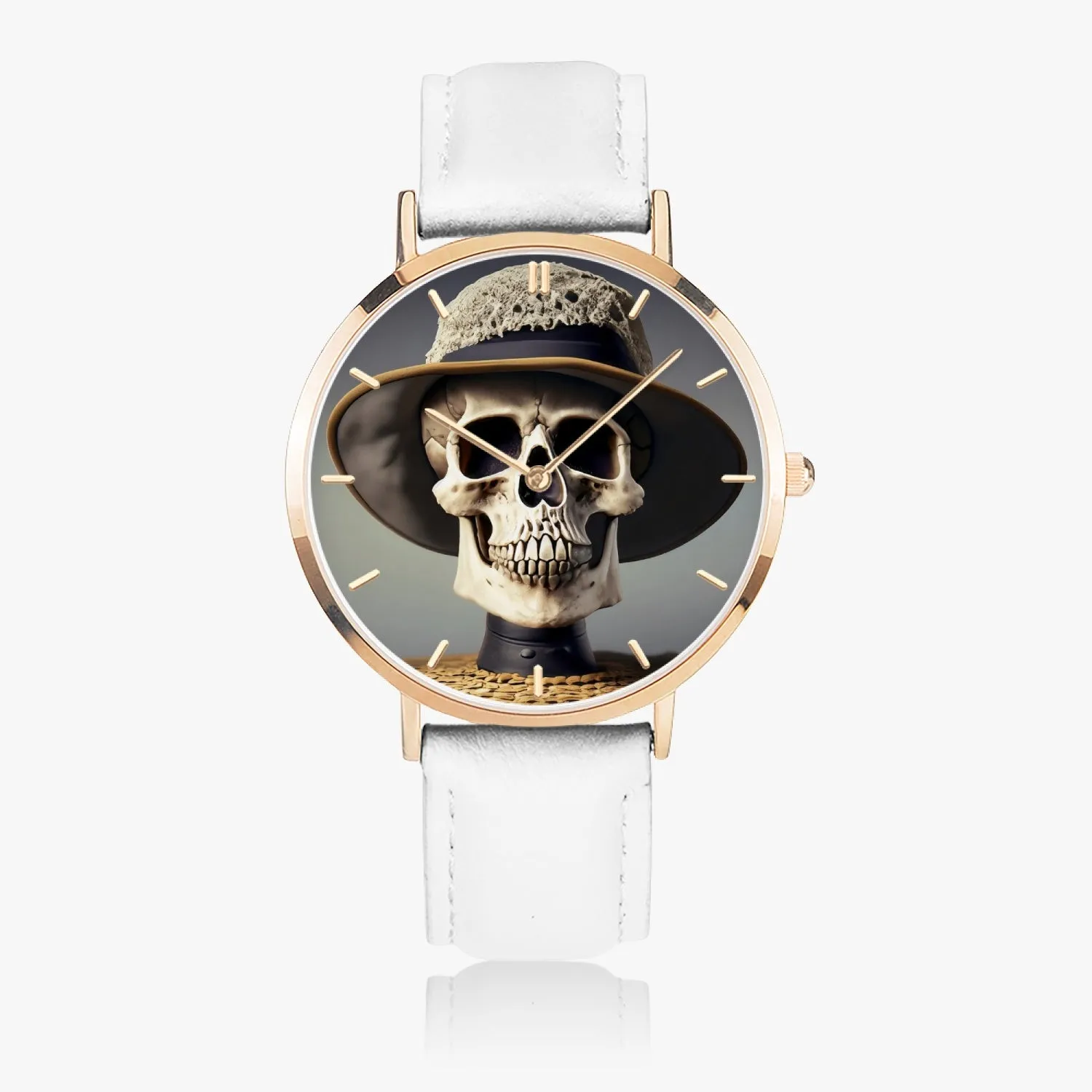 Montre à quartz avec bracelet en cuir ultra-fin (or rose avec indicateurs) "Crâne à chapeau" (164)