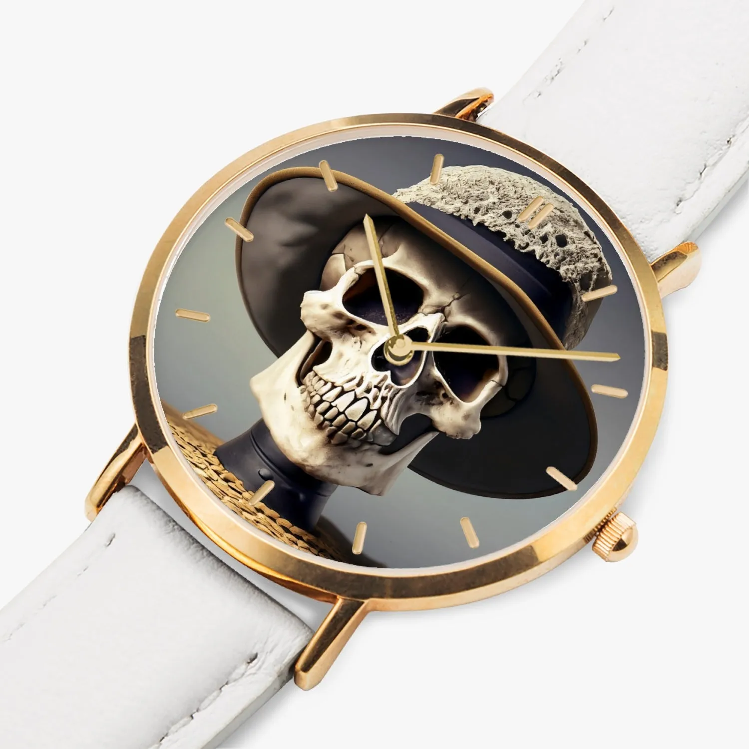 Montre à quartz avec bracelet en cuir ultra-fin (or rose avec indicateurs) "Crâne à chapeau" (164)