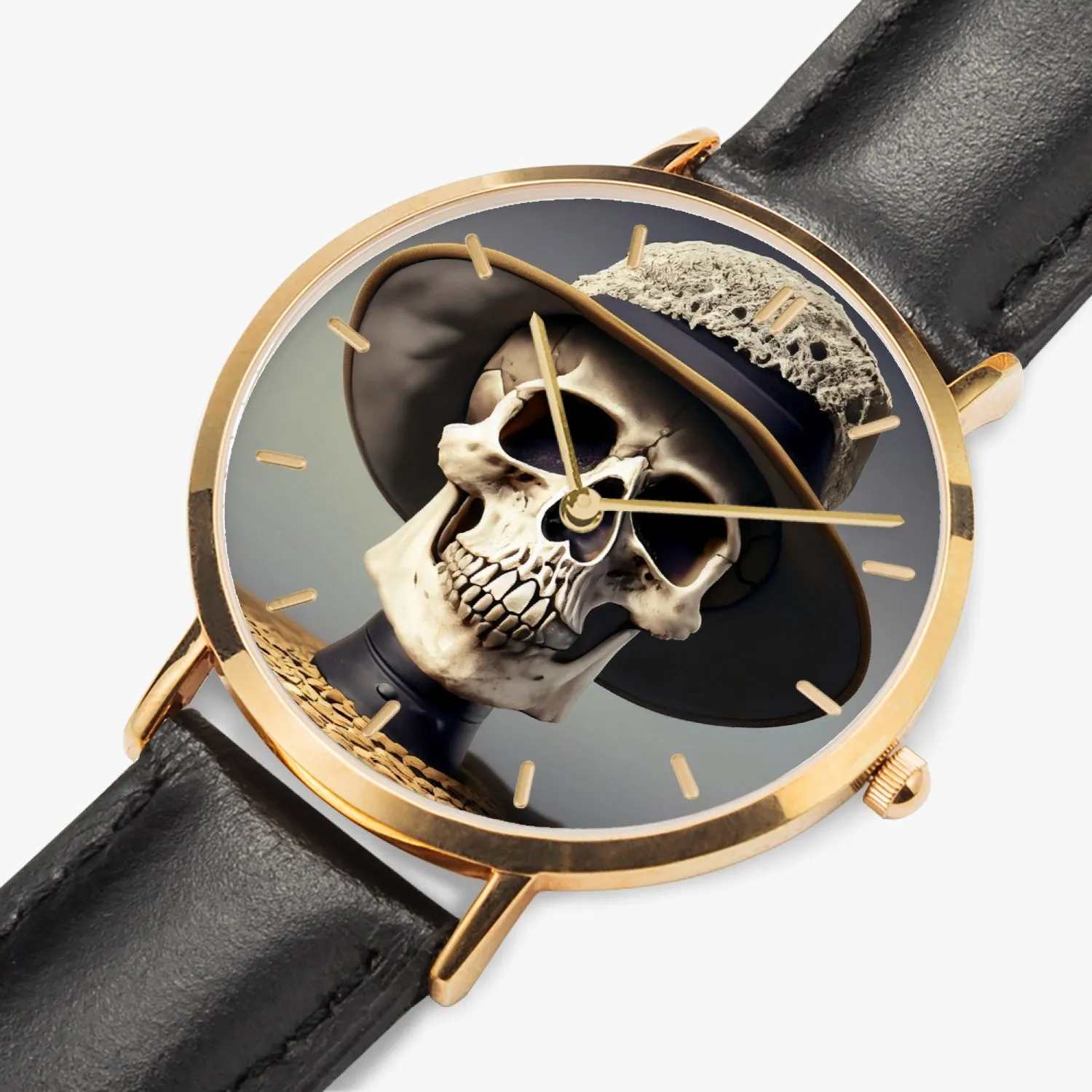 Montre à quartz avec bracelet en cuir ultra-fin (or rose avec indicateurs) "Crâne à chapeau" (164)