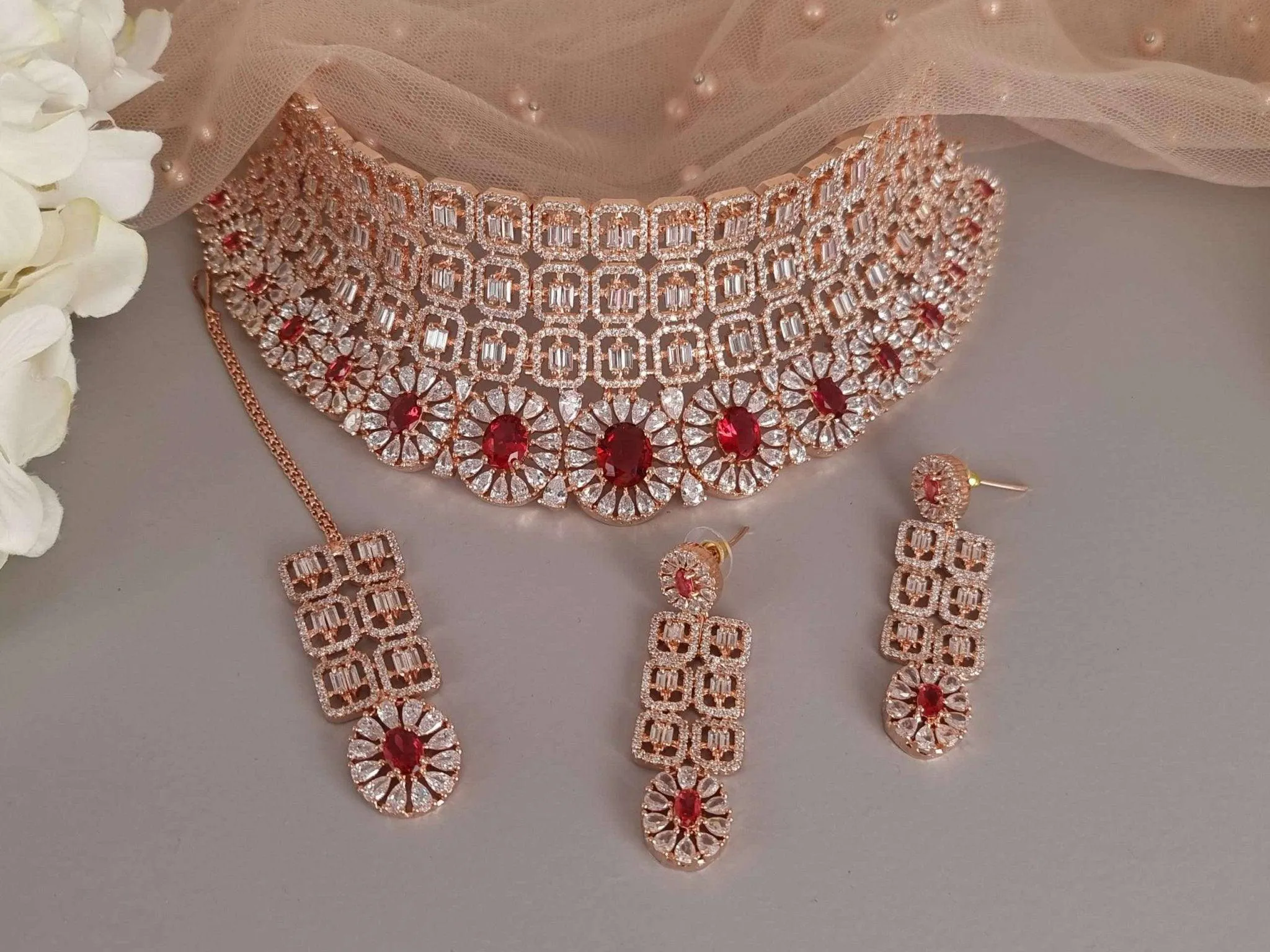 Mumtaz Bridal Choker Set Ruby Red