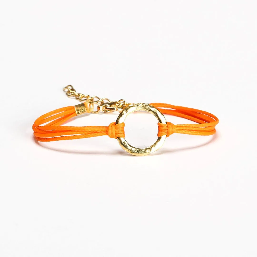 Orange cord bracelet with a gold circle charm, gift for her