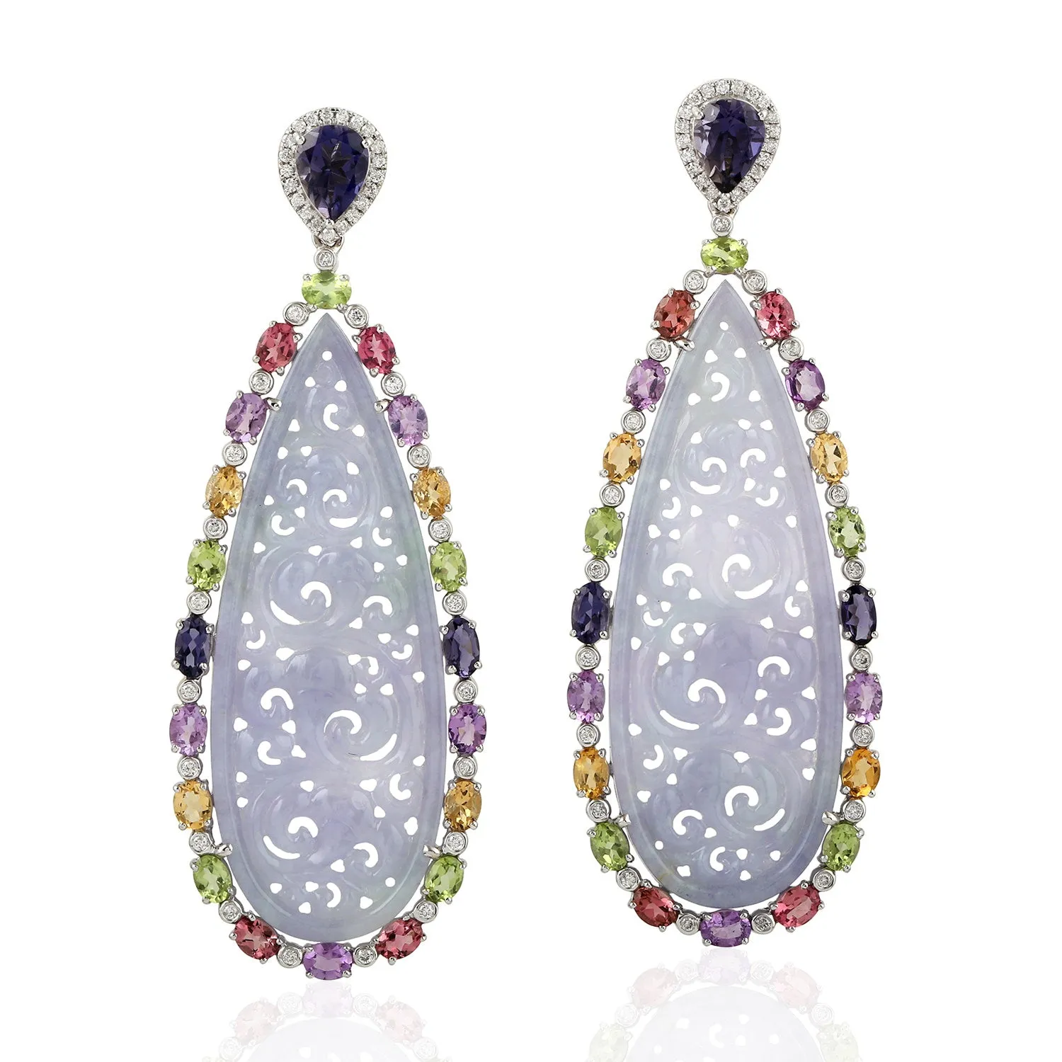 Oval Cut Peridot Iolite Amethyst Tourmaline Citrine Pear Cut Carved Jade Bezel Diamond Earrings In 18K Gold