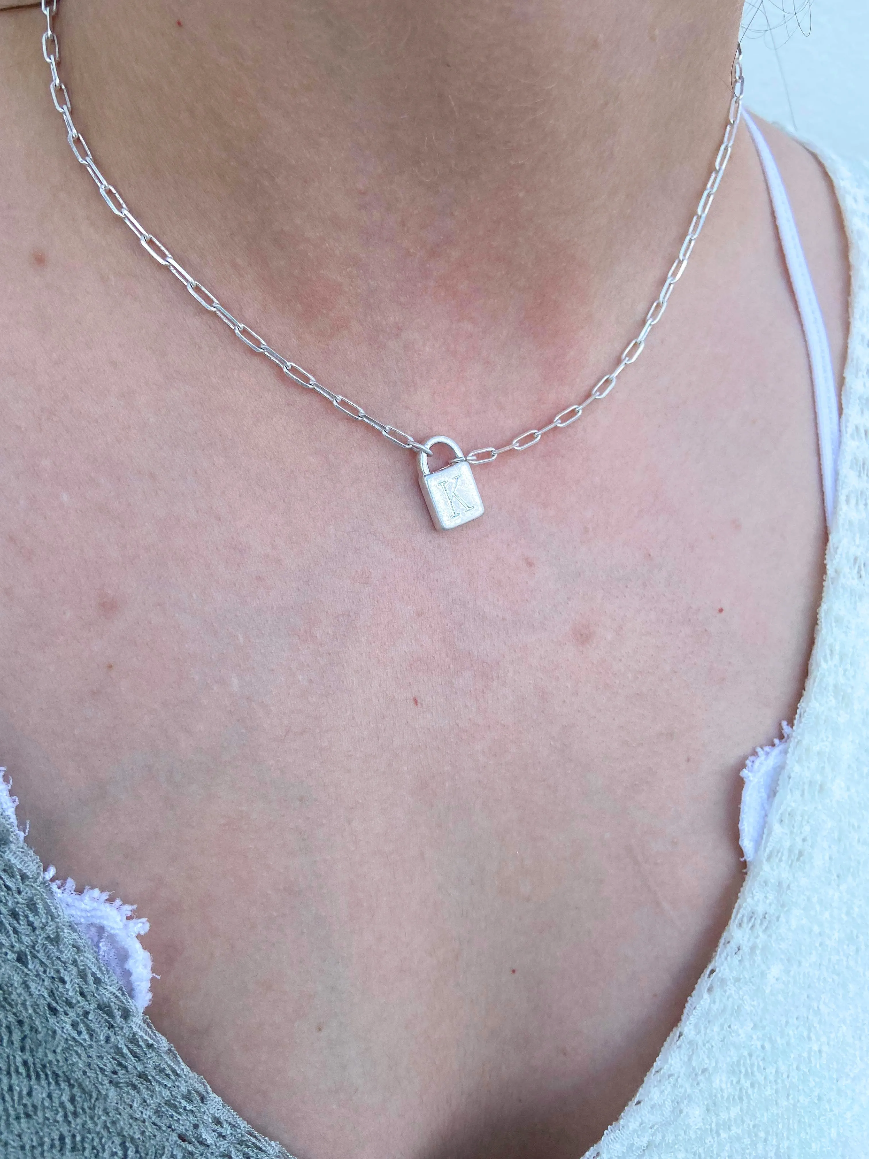 Padlock Initial Necklace- Worn Silver