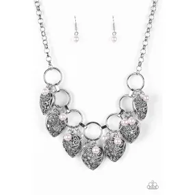 Paparazzi "Very Valentine" Pink Bead Vintage Heart Silver Necklace Earrings Set