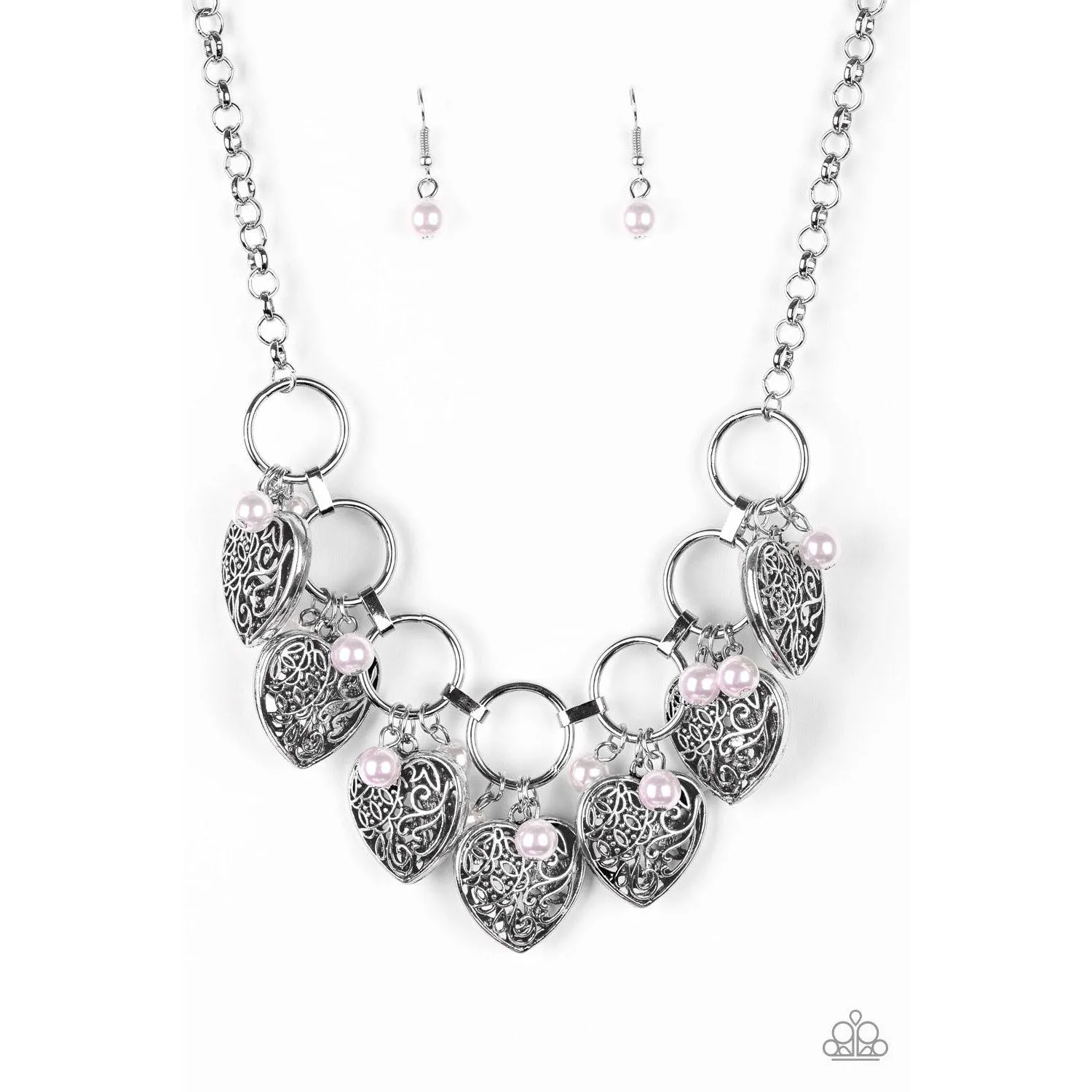 Paparazzi "Very Valentine" Pink Bead Vintage Heart Silver Necklace Earrings Set