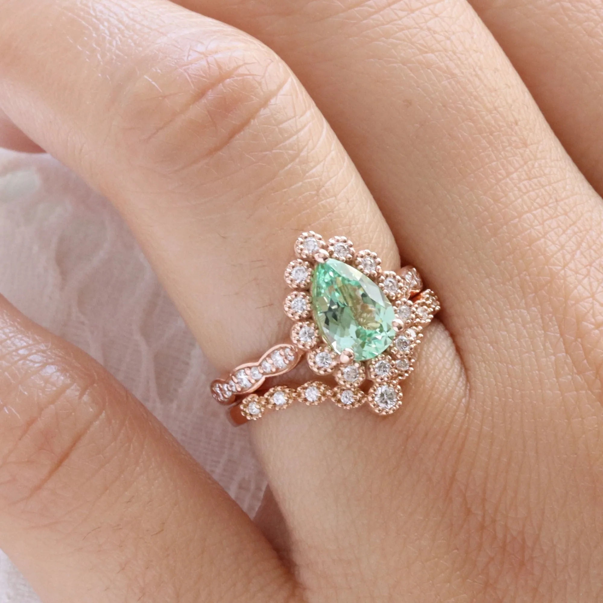 Pear Green Sapphire Ring Bridal Set w/ Milgrain Diamond Band in Vintage Luna Halo