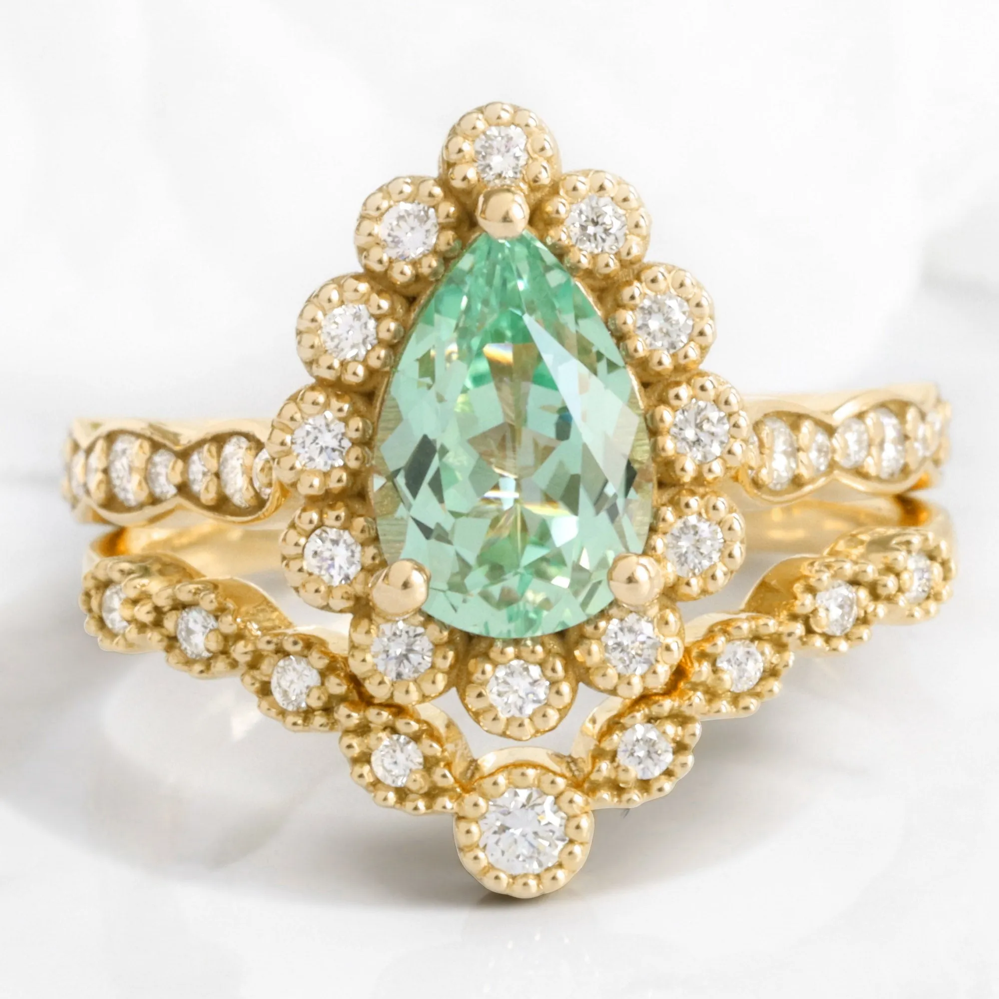 Pear Green Sapphire Ring Bridal Set w/ Milgrain Diamond Band in Vintage Luna Halo